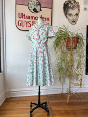 Pale Mint 1940’s Dress w/Pink Floral Print