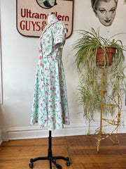 Pale Mint 1940’s Dress w/Pink Floral Print