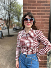 70’s Brown & White Gingham Jacket w/Huge Petal Collar