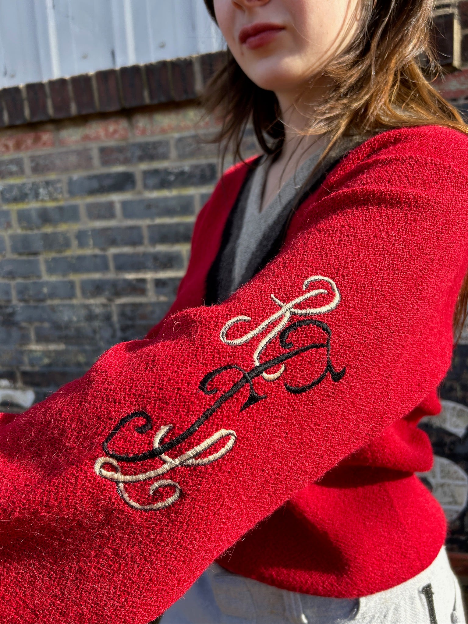 Red V-Neck Pullover w/Monogrammed Sleeve