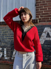 Red V-Neck Pullover w/Monogrammed Sleeve