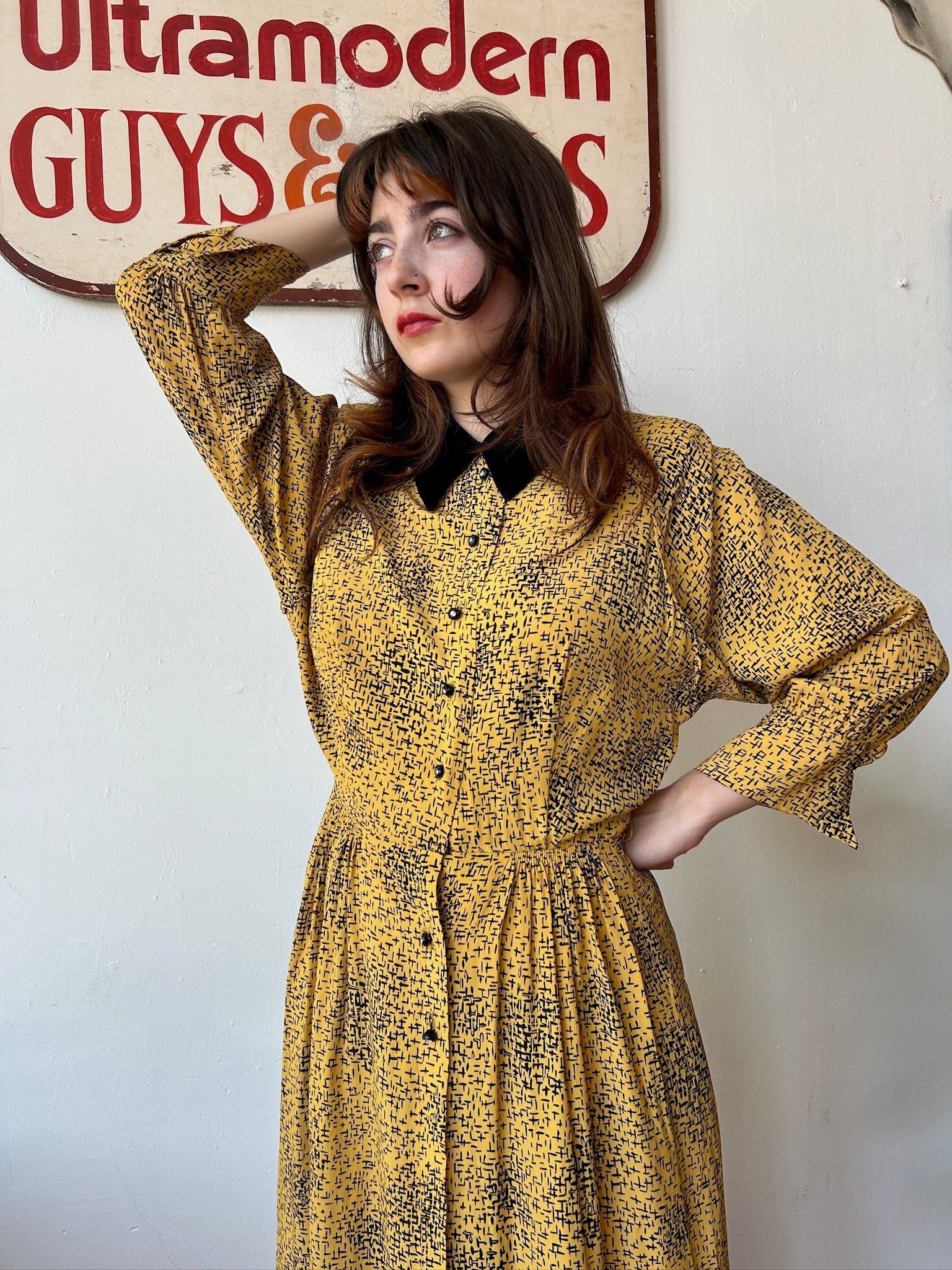 Yellow & Black Print Rayon Dress