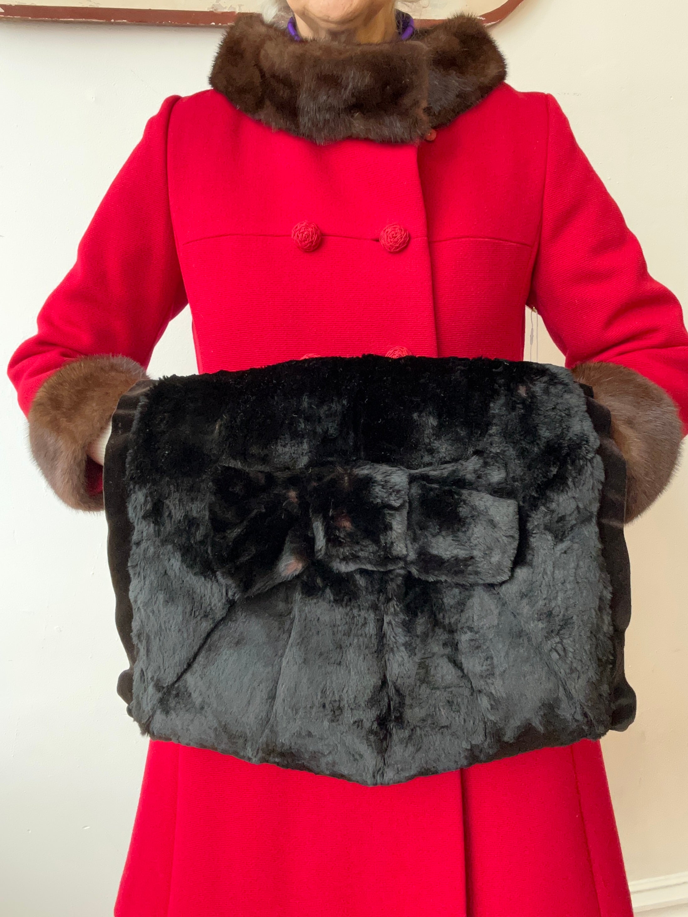 1940’s Black Fur Muff w/Large Bow Accent