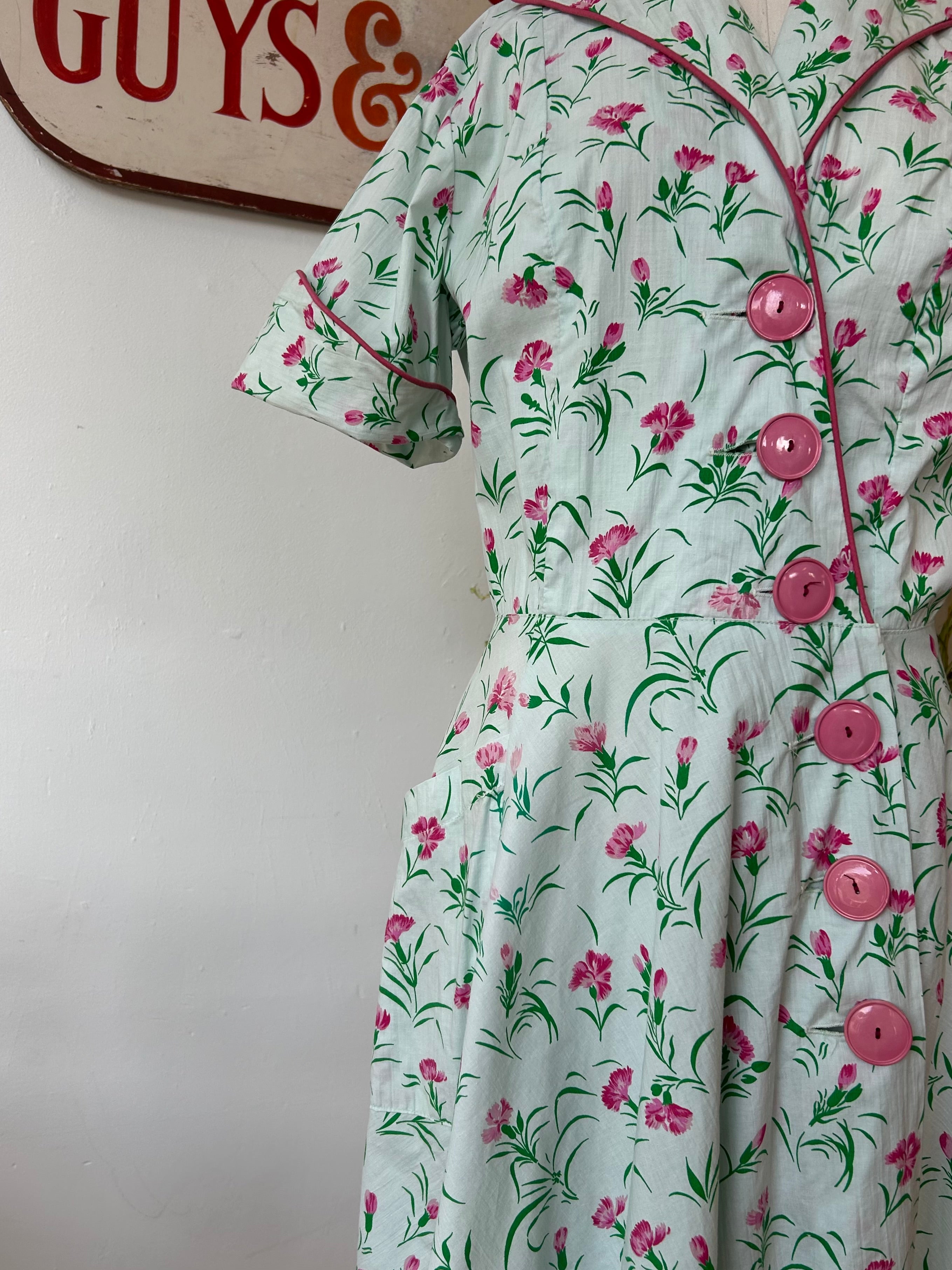Pale Mint 1940’s Dress w/Pink Floral Print