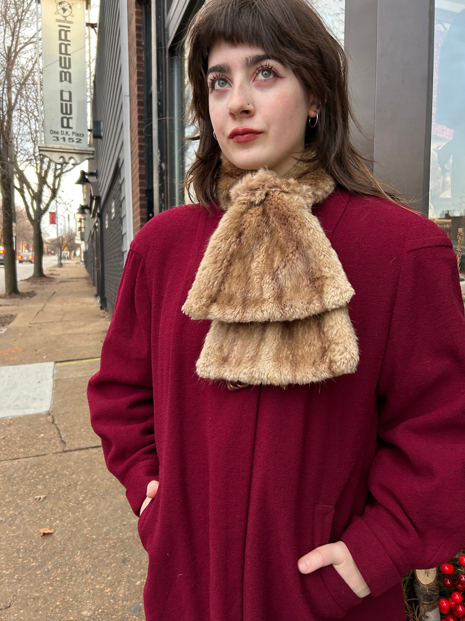 Deep Red Coat w/Fur Scarf