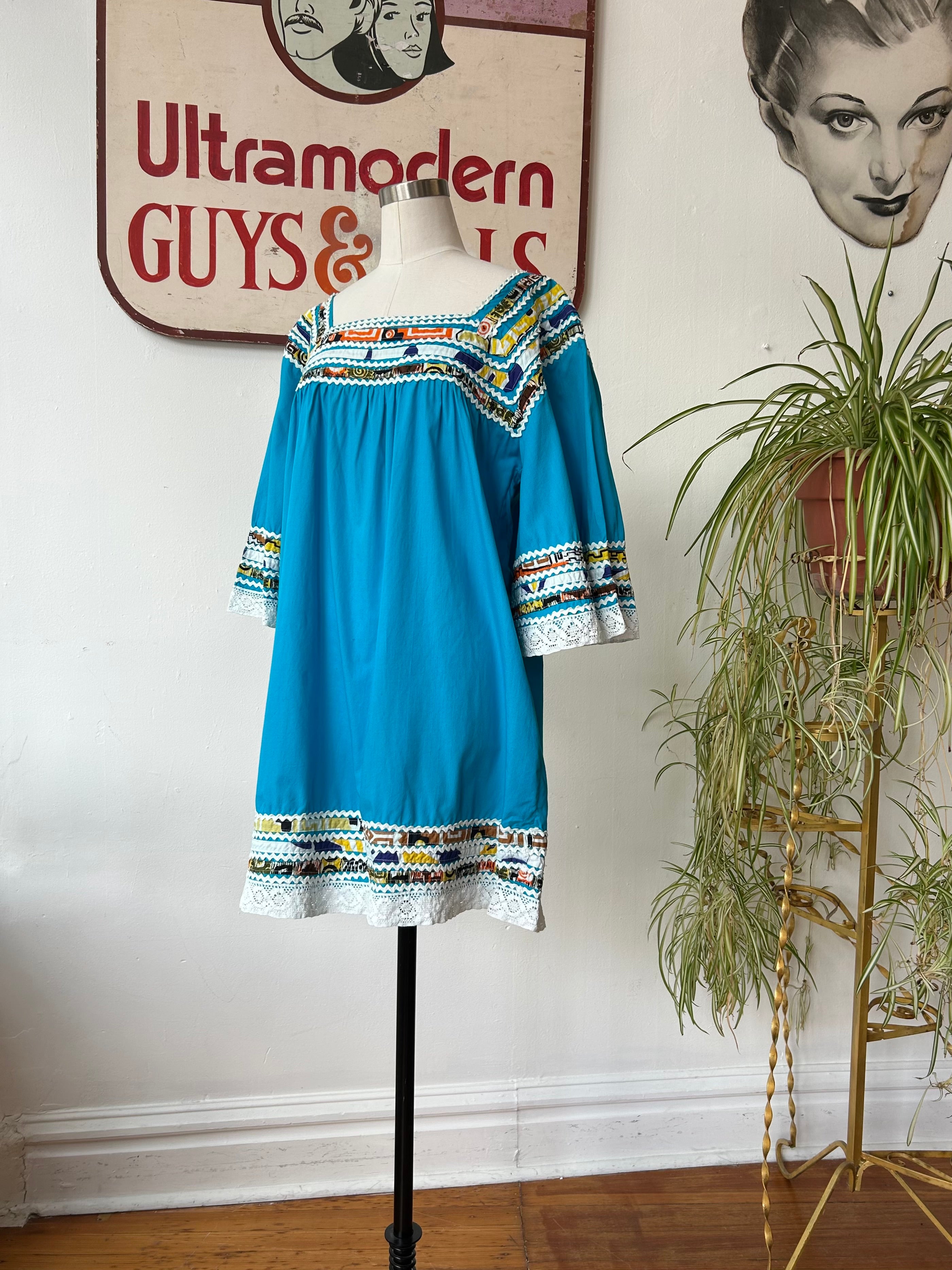 Blue Mini Dress w/Colorful Trim
