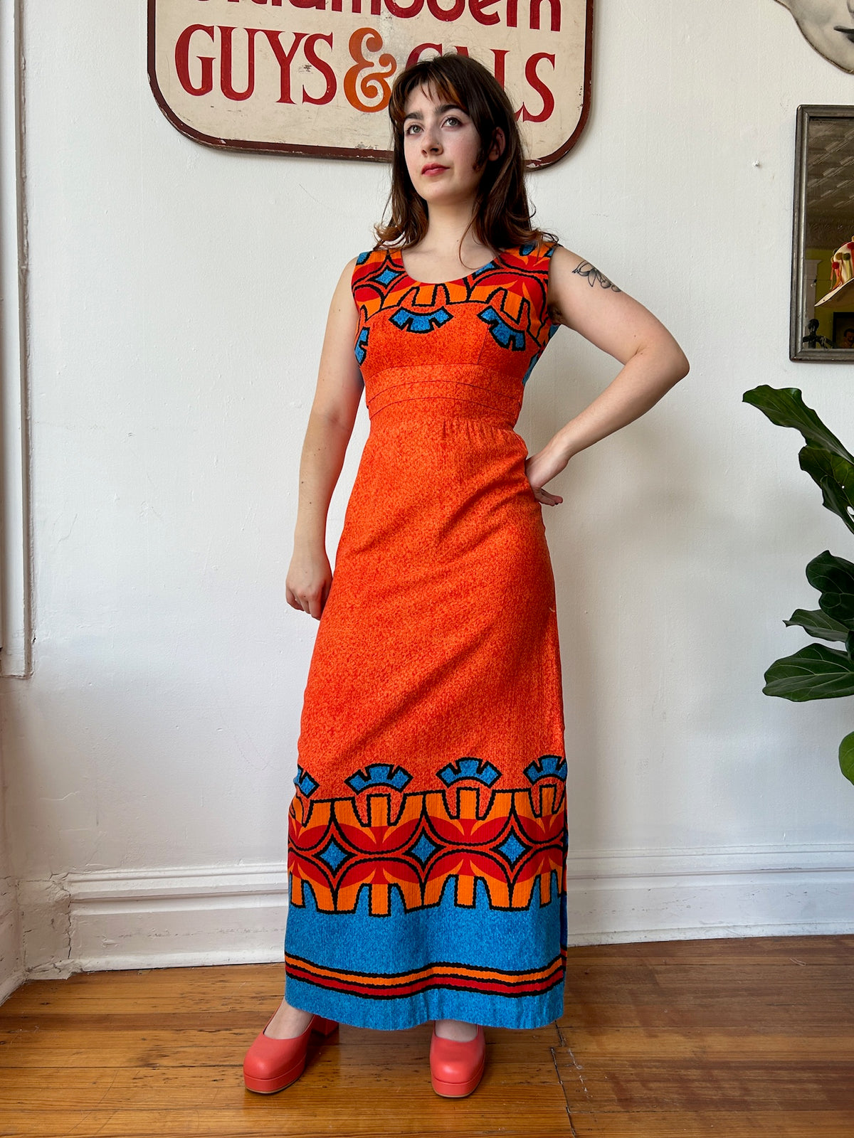 Orange & Blue Hawaiian Print Dress