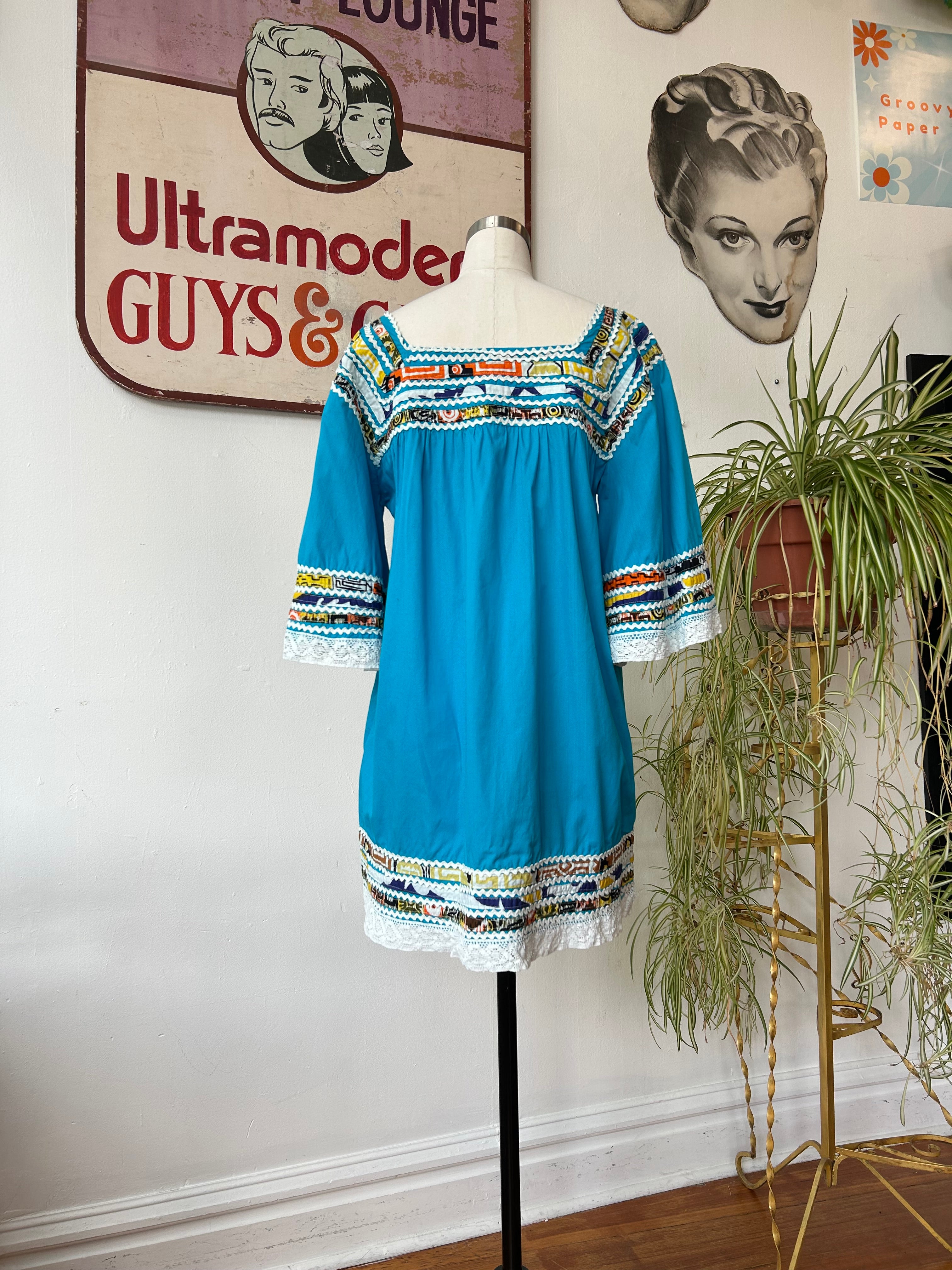 Blue Mini Dress w/Colorful Trim