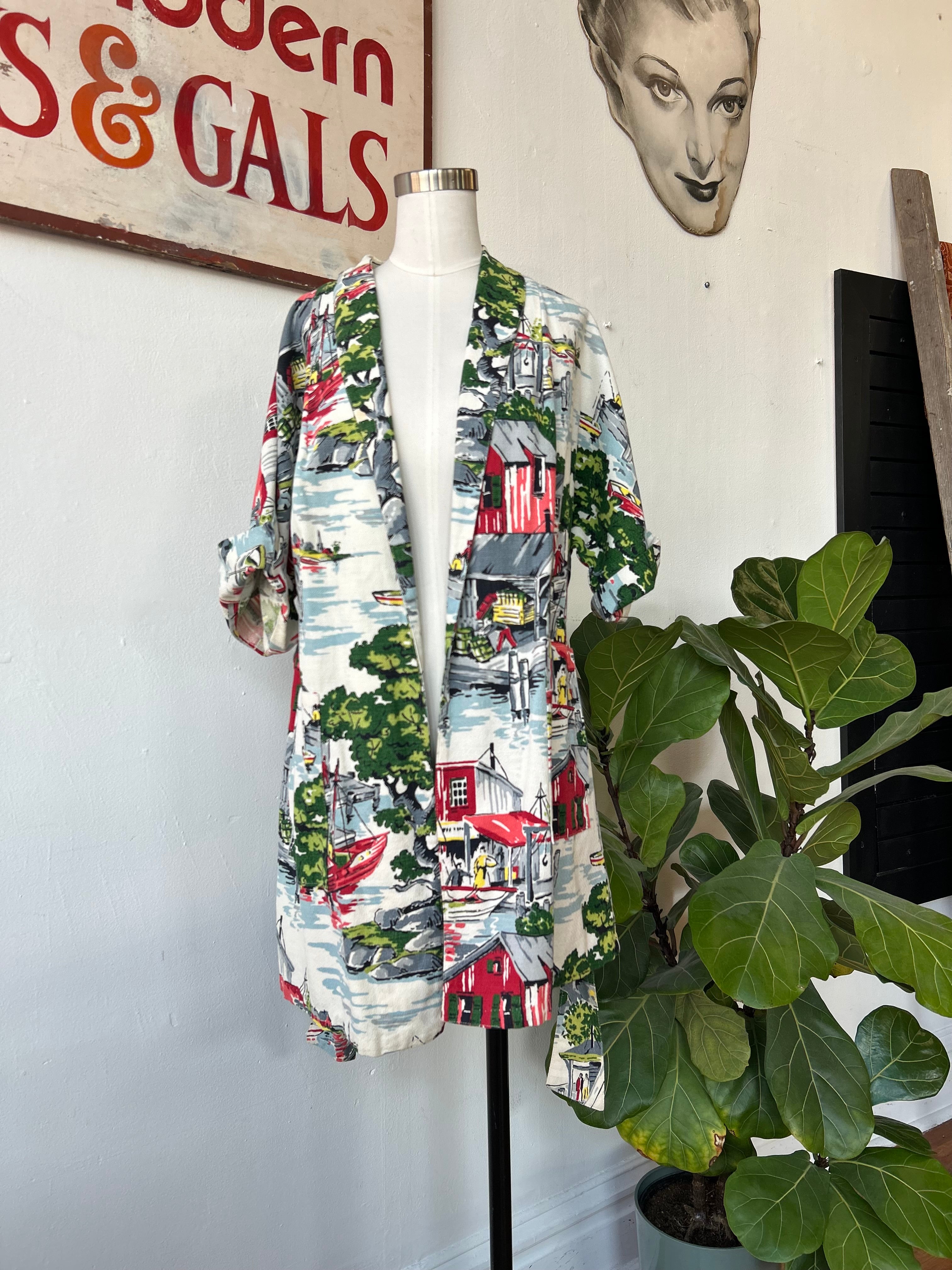 Vintage Barkcloth Print Robe