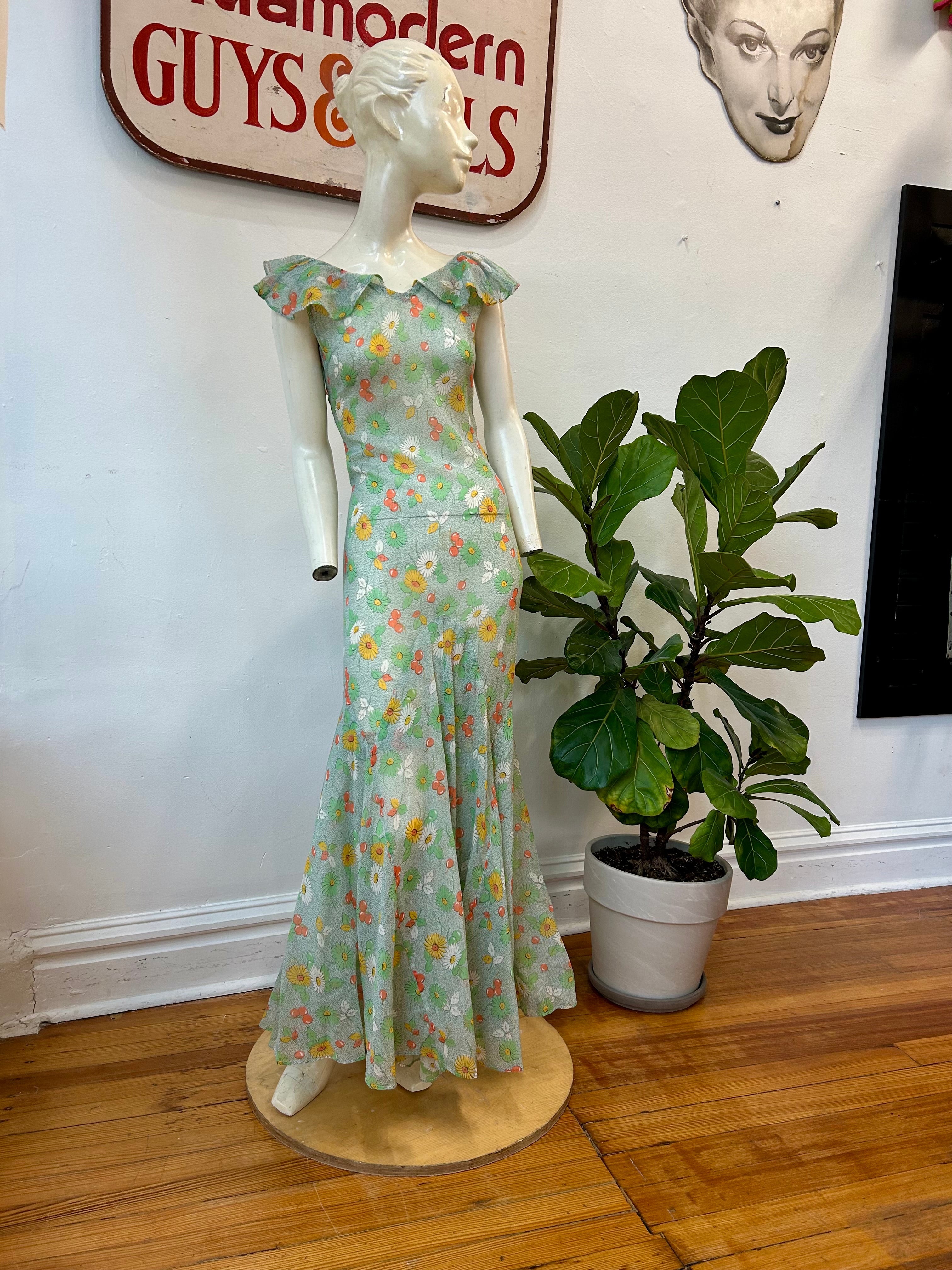 1930’s Sheer Floral Print Bias Cut Dress