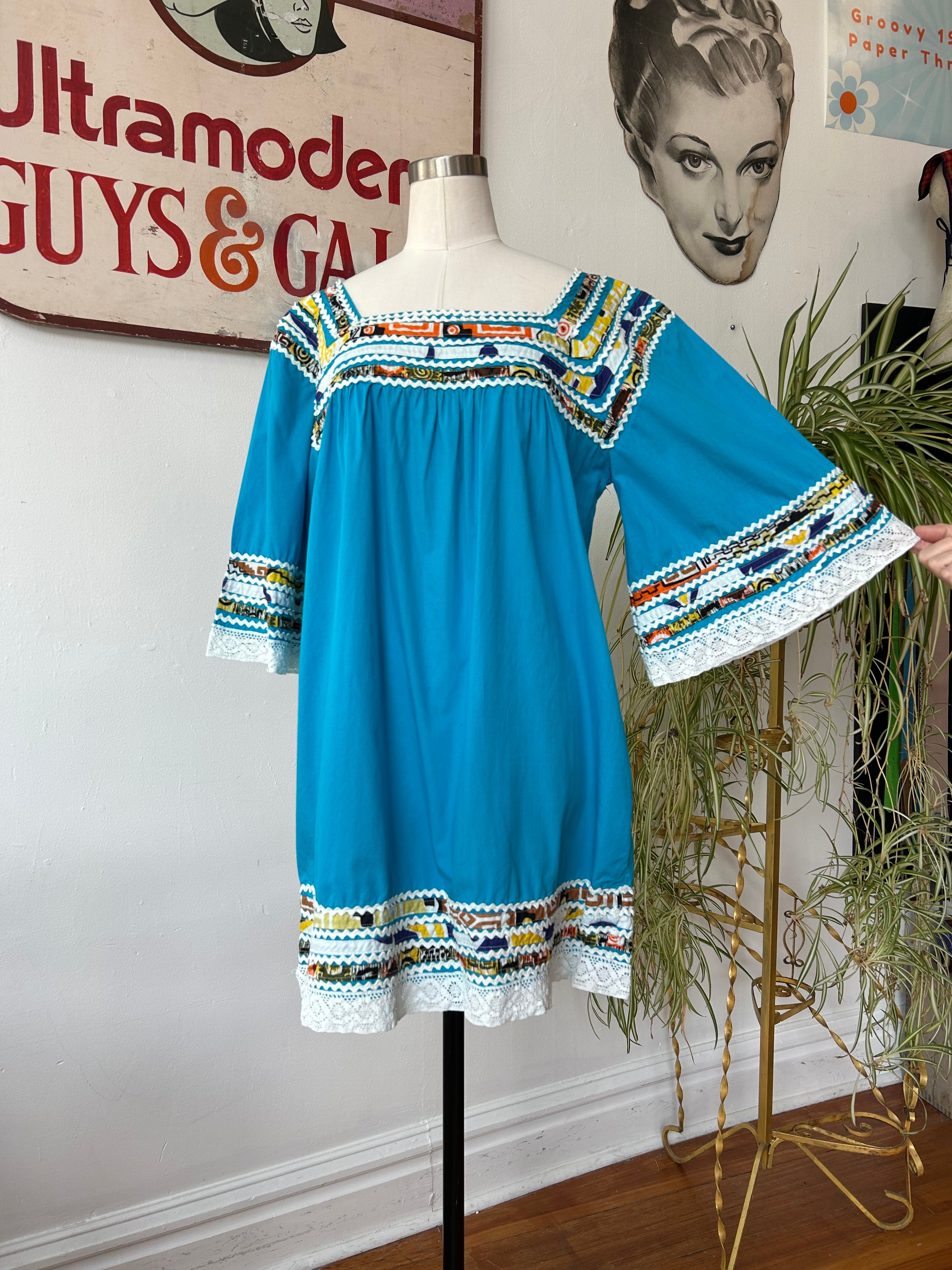 Blue Mini Dress w/Colorful Trim