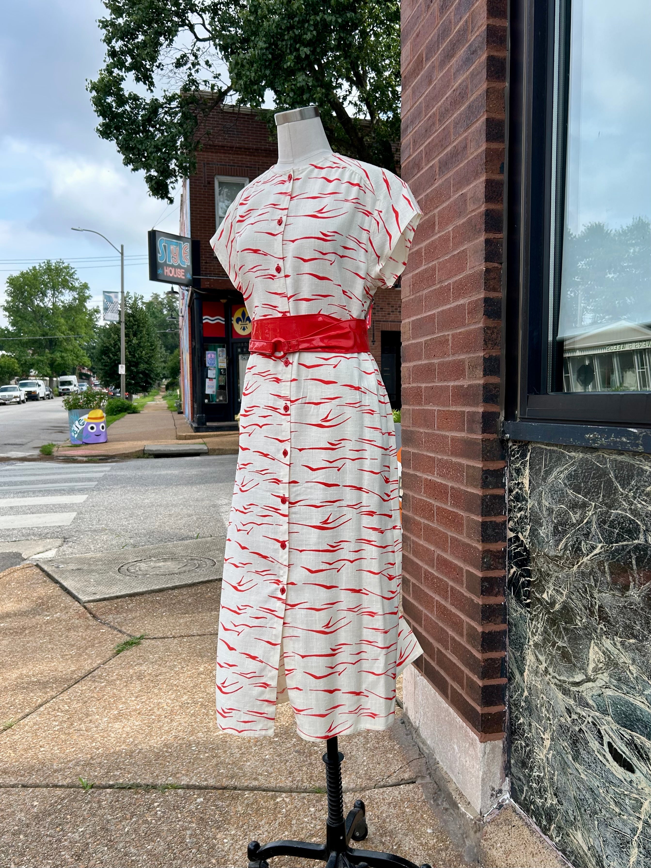 Red & White Linen Shirtdress w/Red Patent Belt
