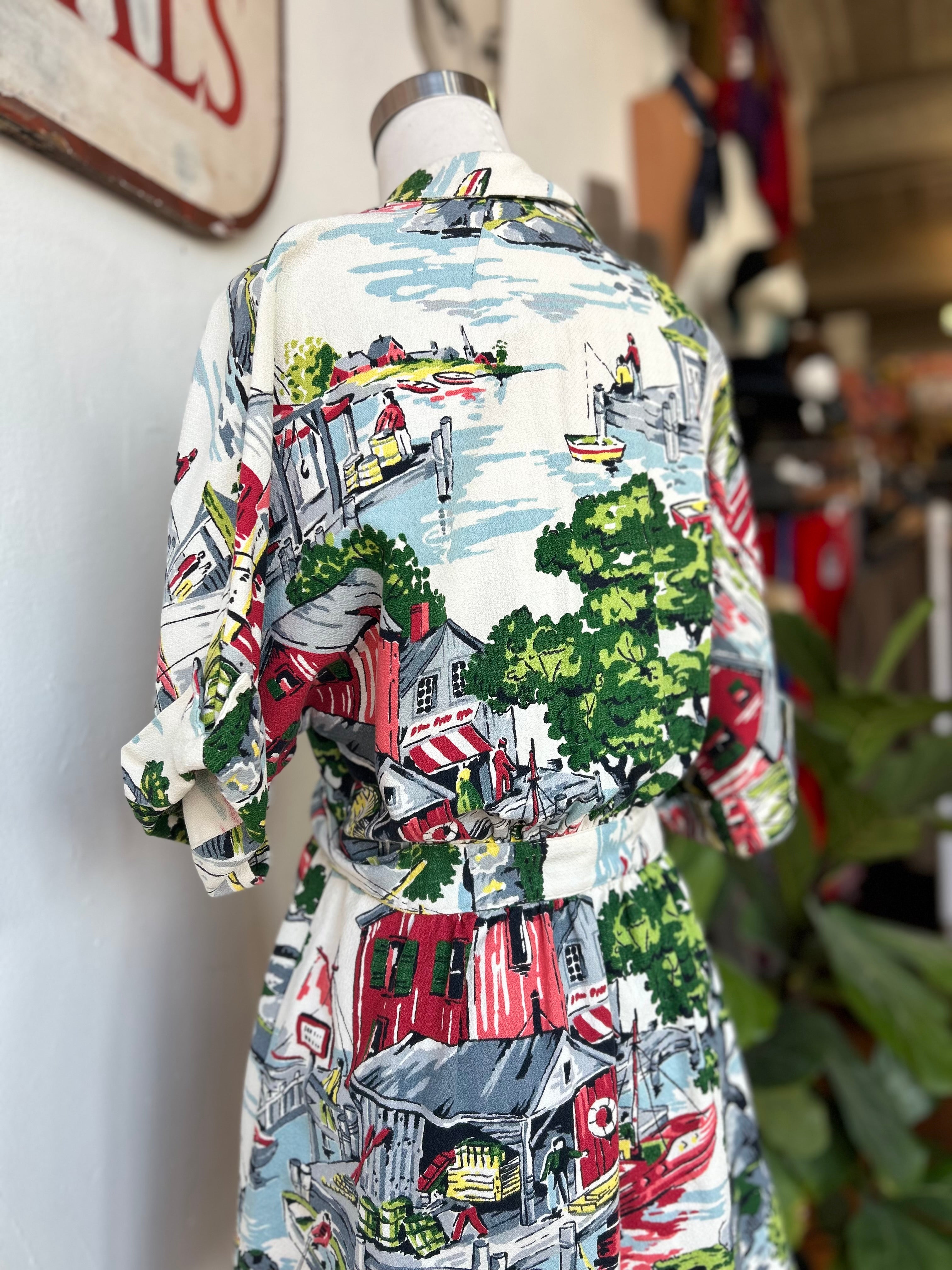 Vintage Barkcloth Print Robe