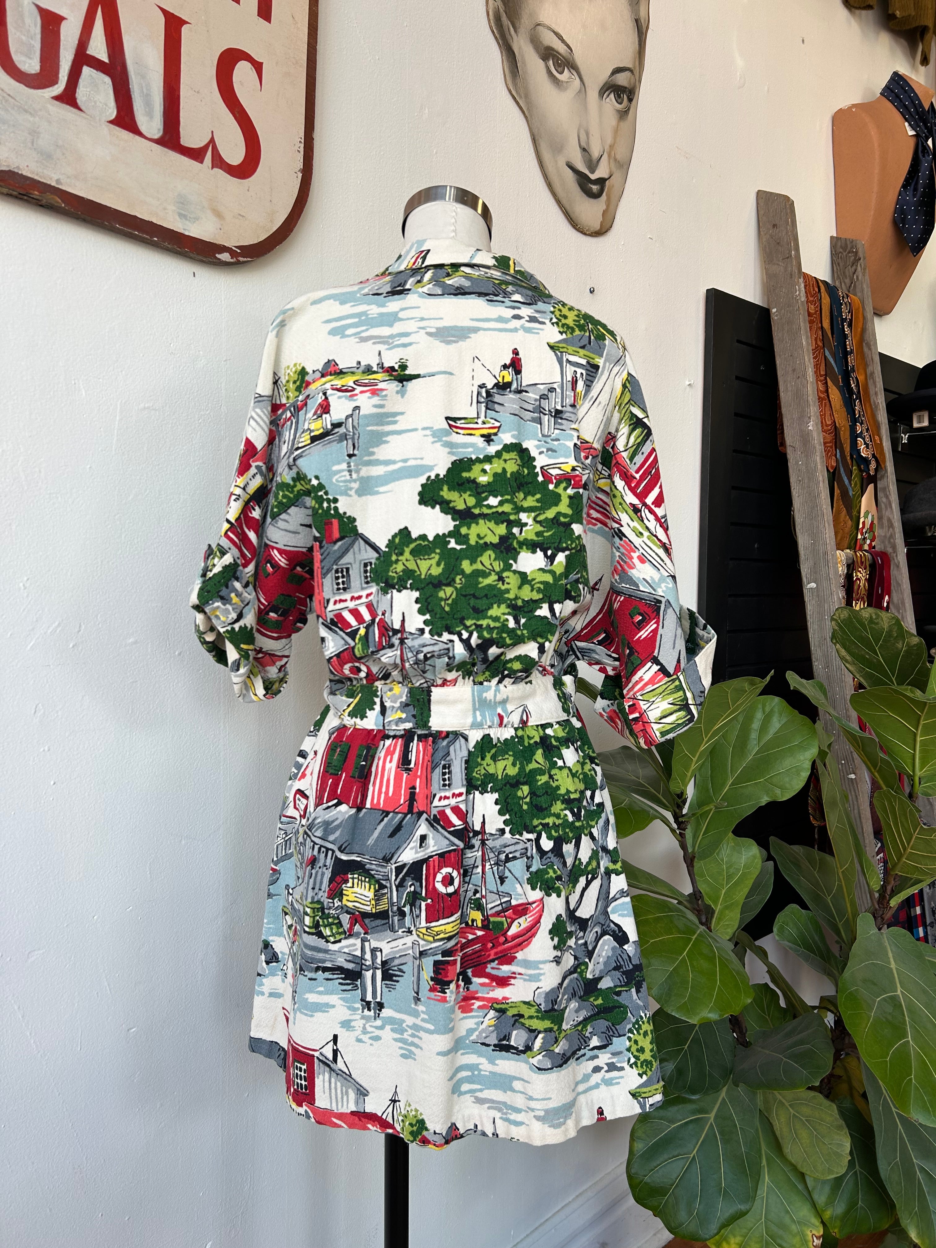 Vintage Barkcloth Print Robe