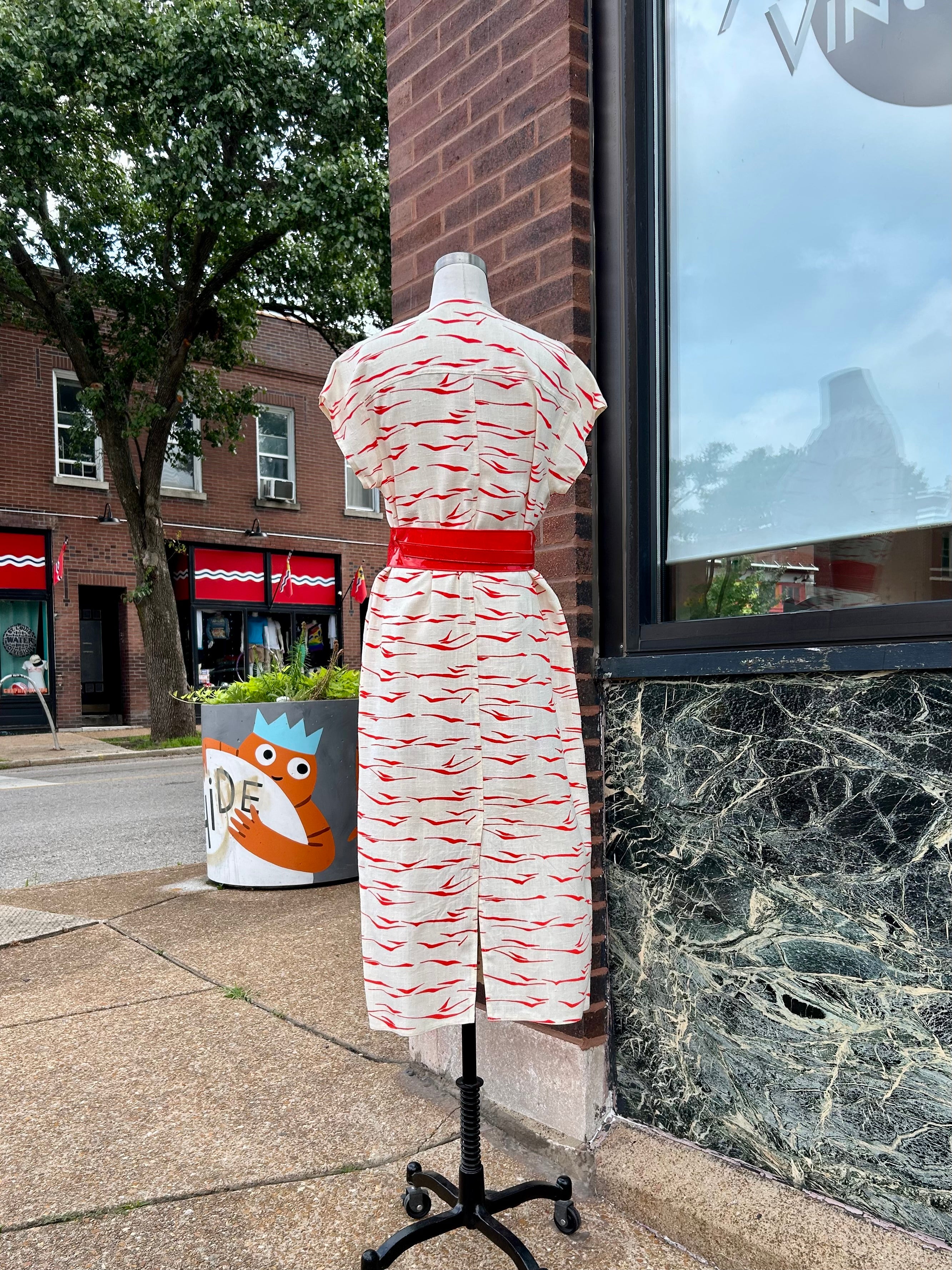 Red & White Linen Shirtdress w/Red Patent Belt