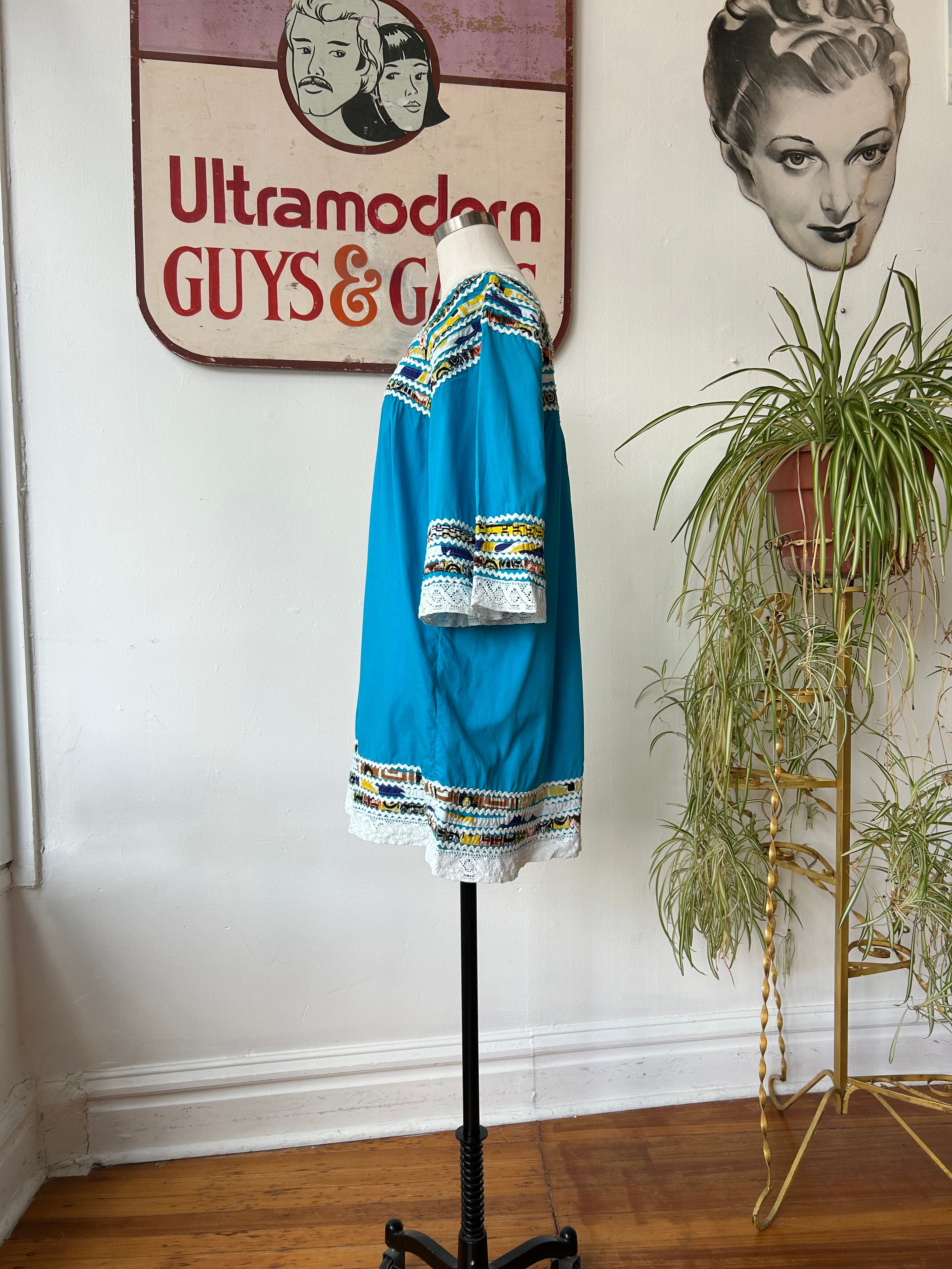 Blue Mini Dress w/Colorful Trim