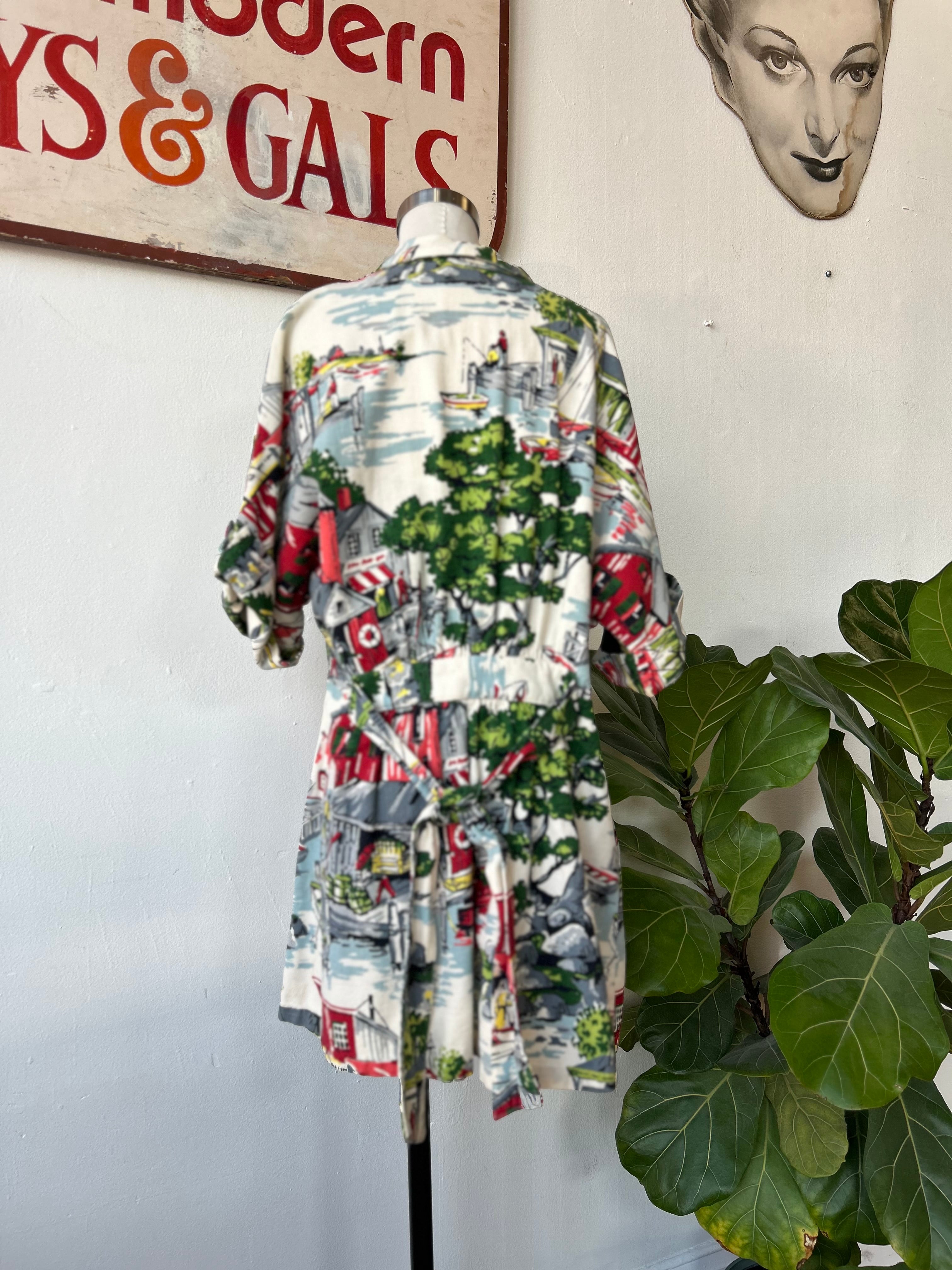 Vintage Barkcloth Print Robe