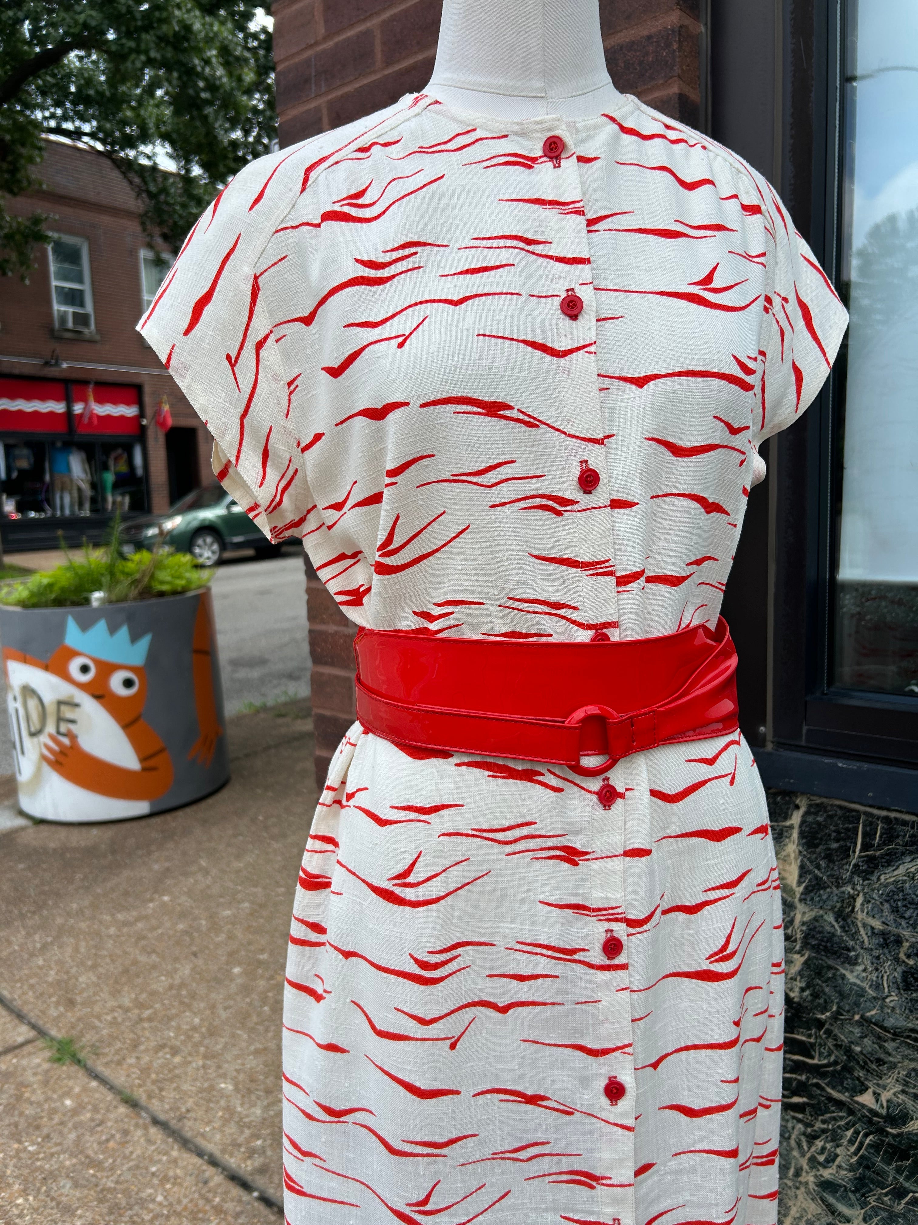 Red & White Linen Shirtdress w/Red Patent Belt