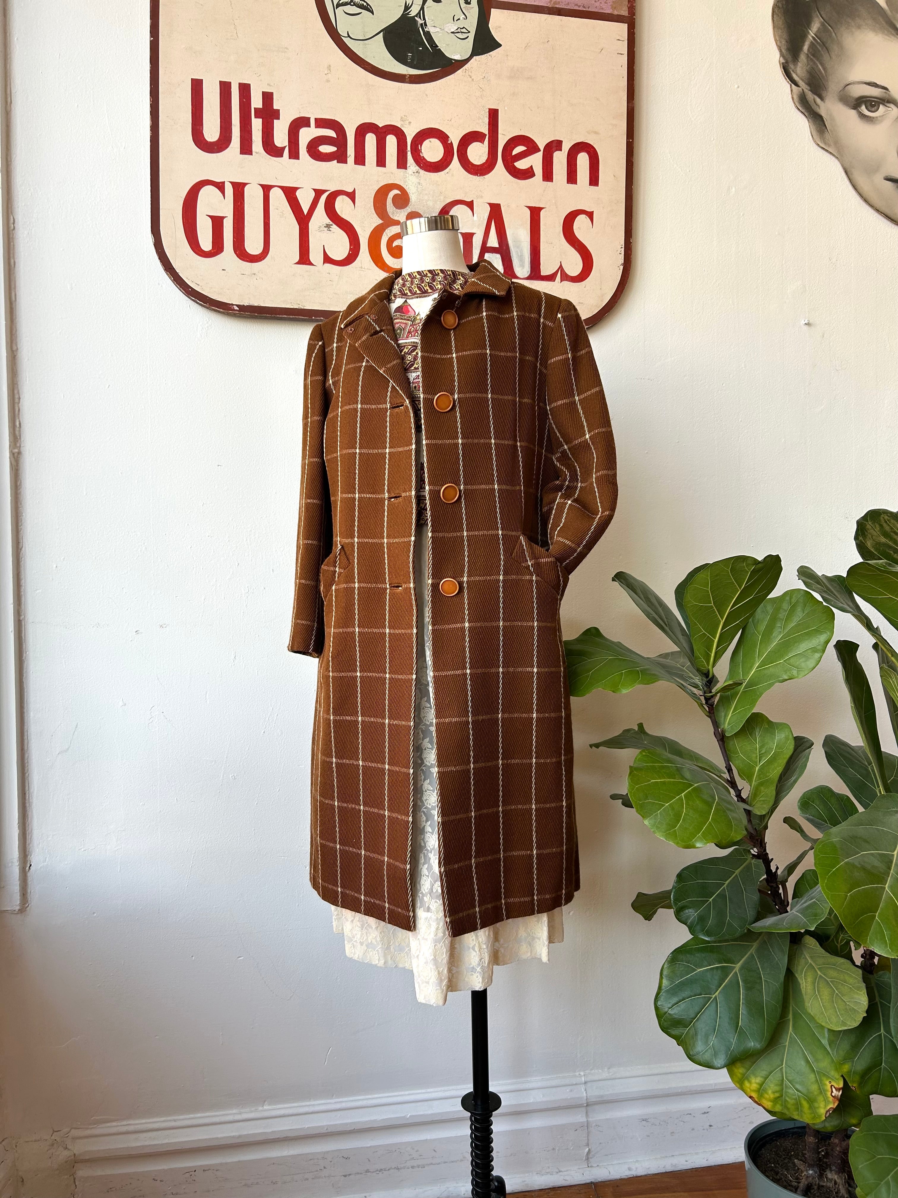 60’s Brown & White Windowpane Print Coat