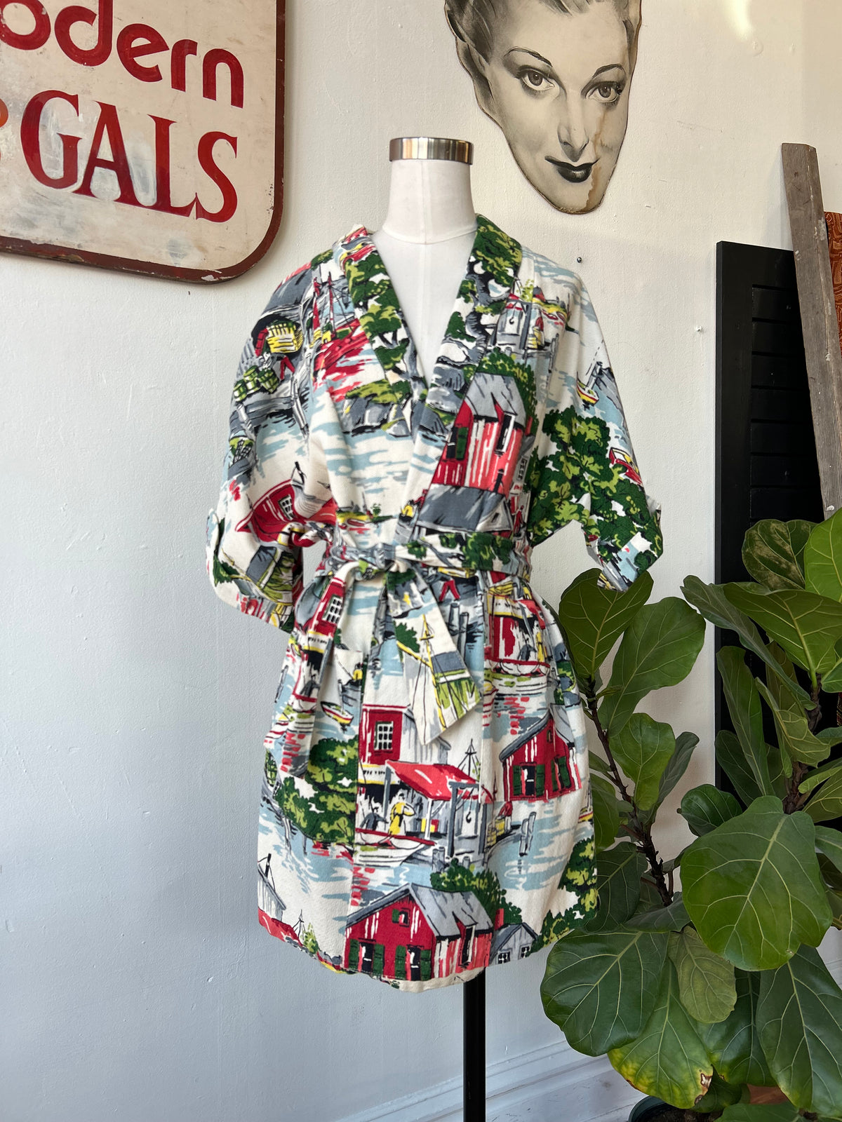Vintage Barkcloth Print Robe