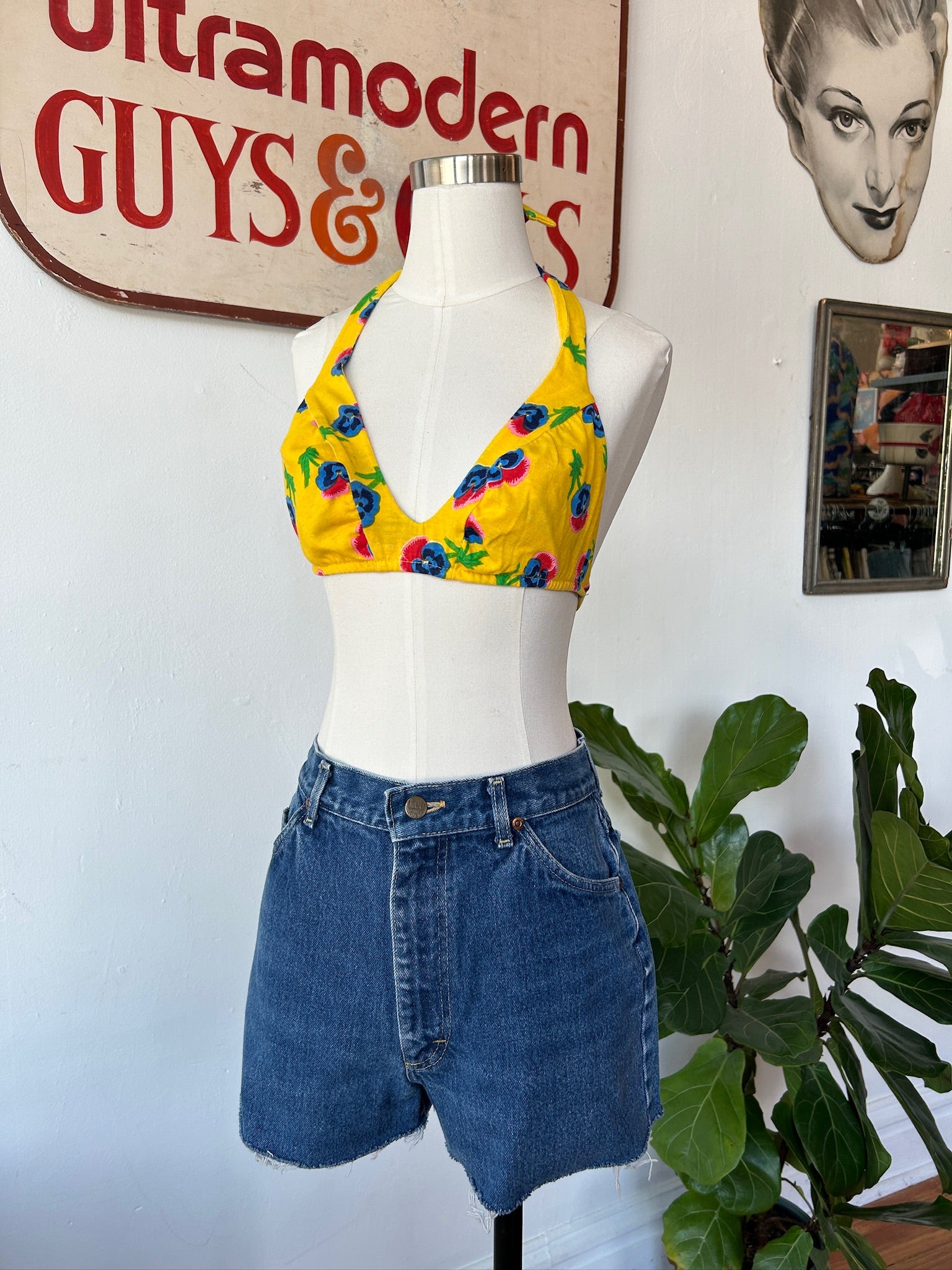 Yellow Pansy Print Halter/Bikini Top