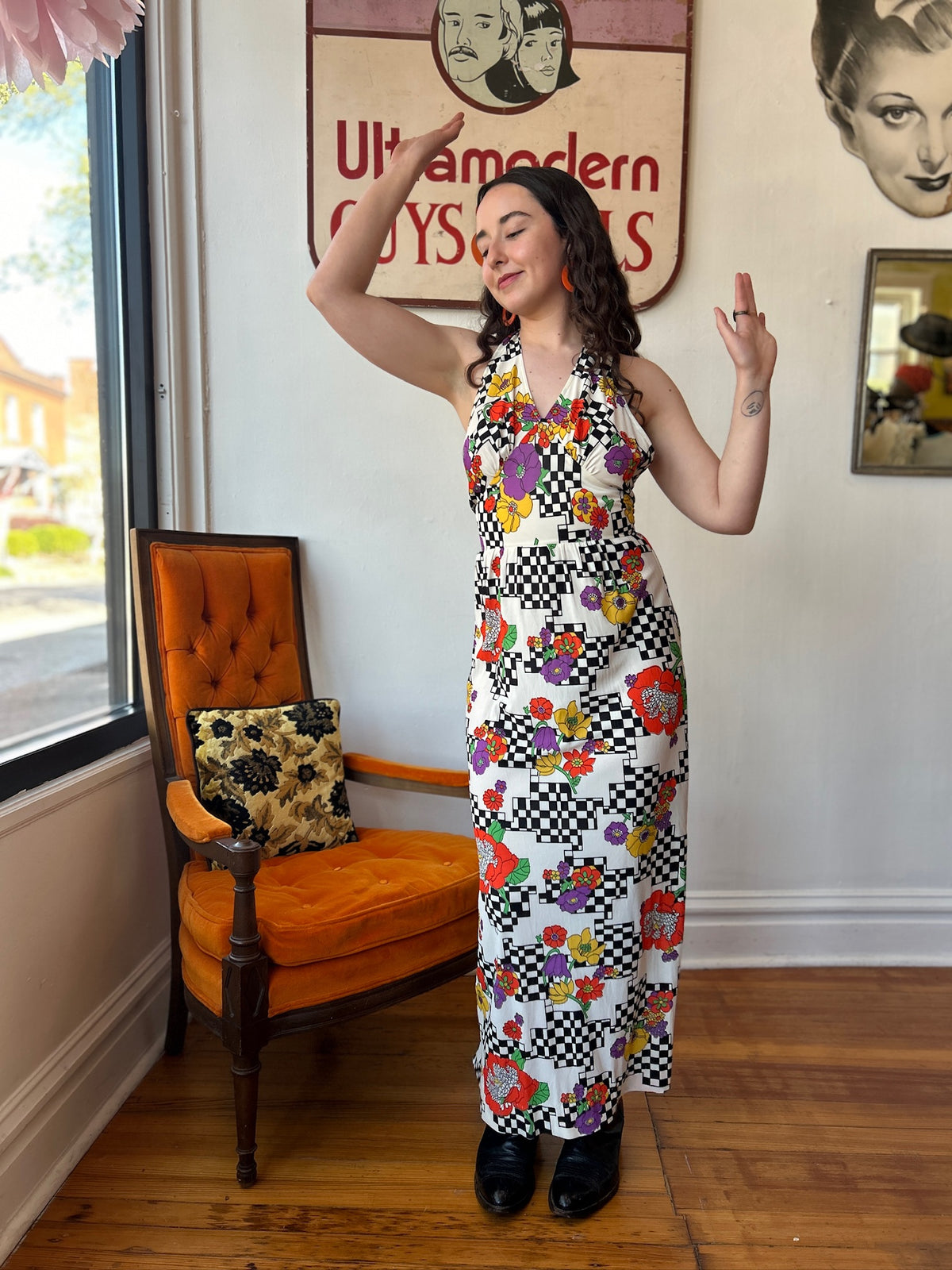 1970’s Checkerboard & Floral Print Maxi Dress