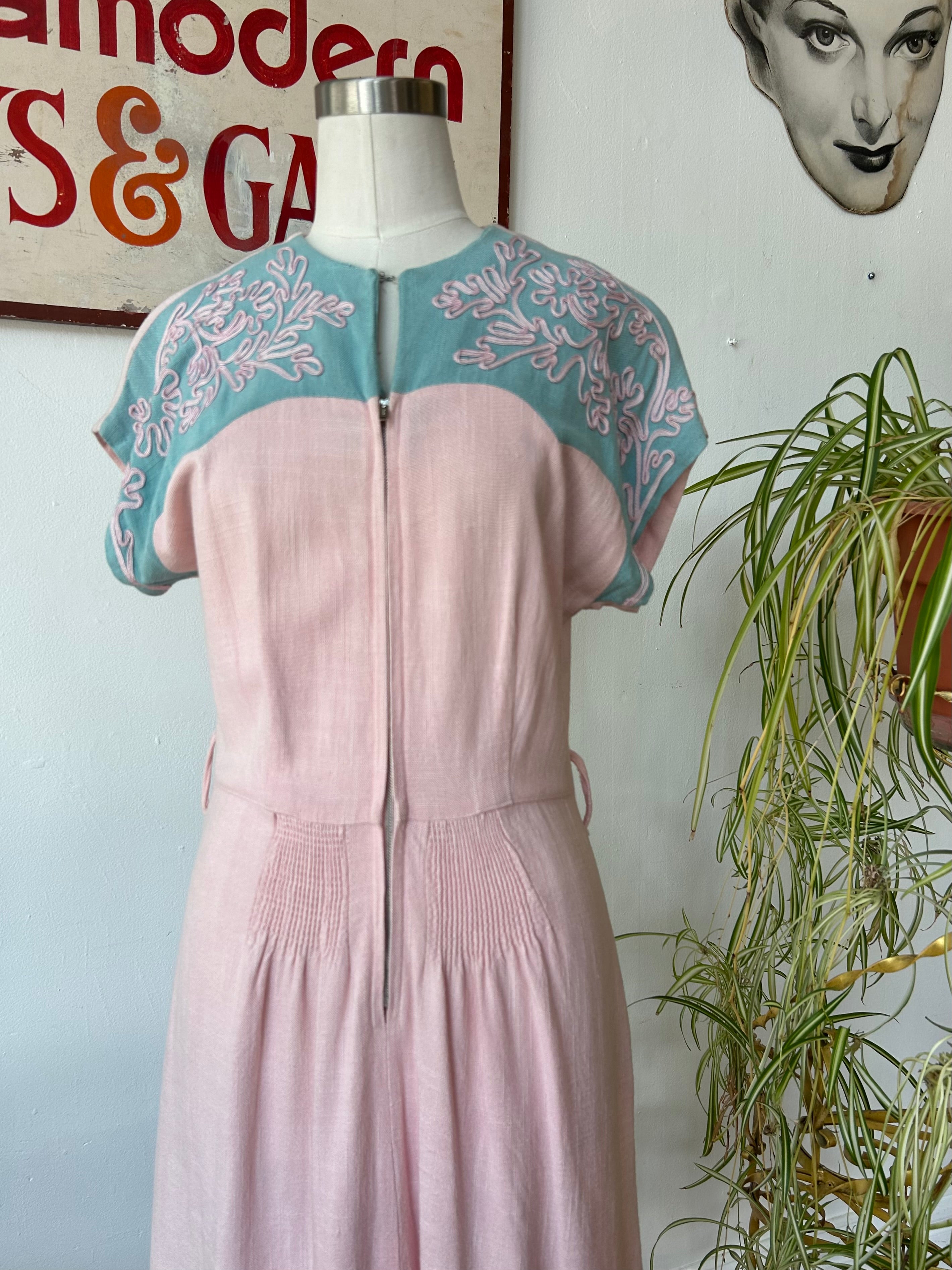 1940’s Pink & Blue Linen Dress