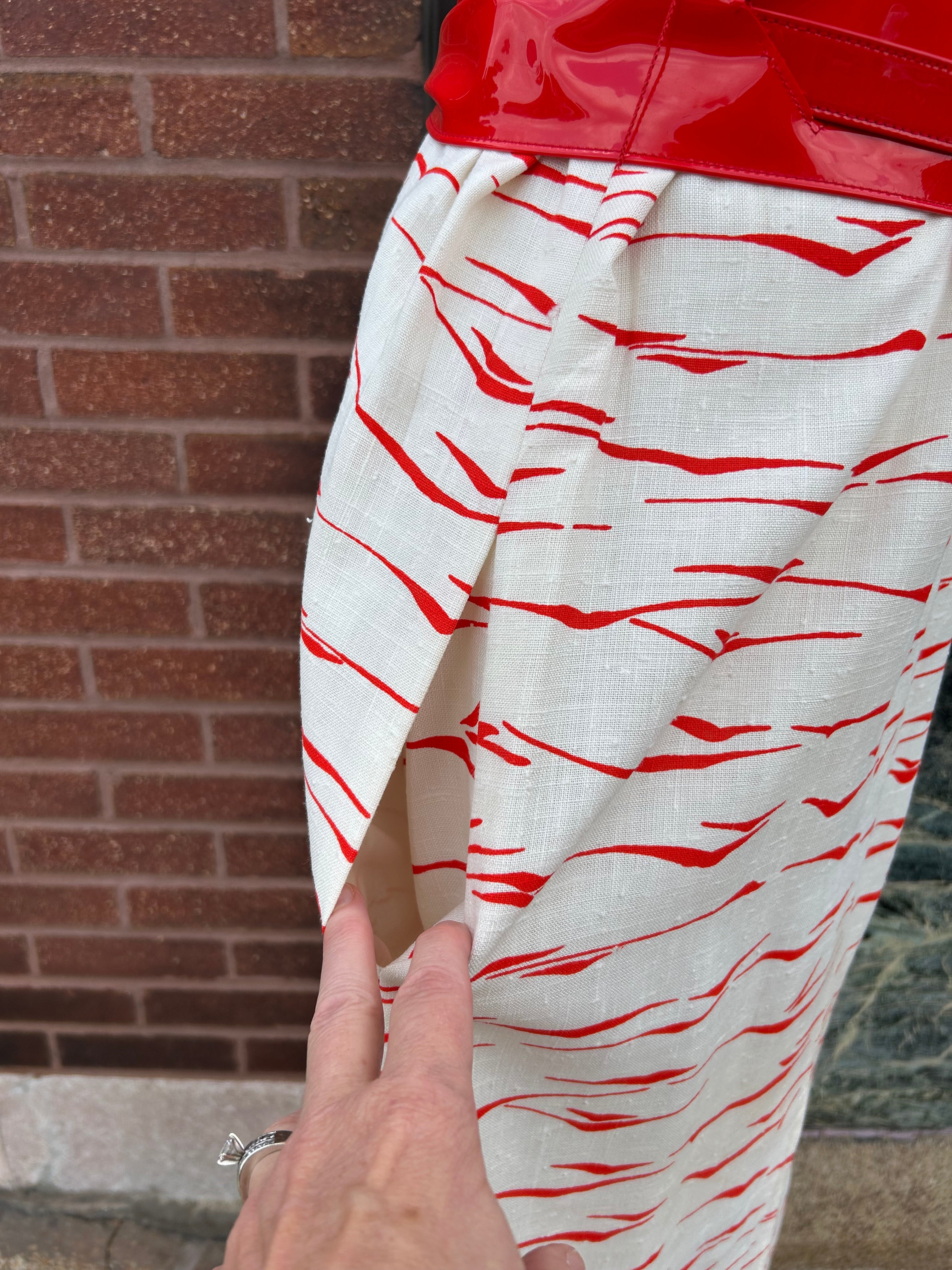 Red & White Linen Shirtdress w/Red Patent Belt