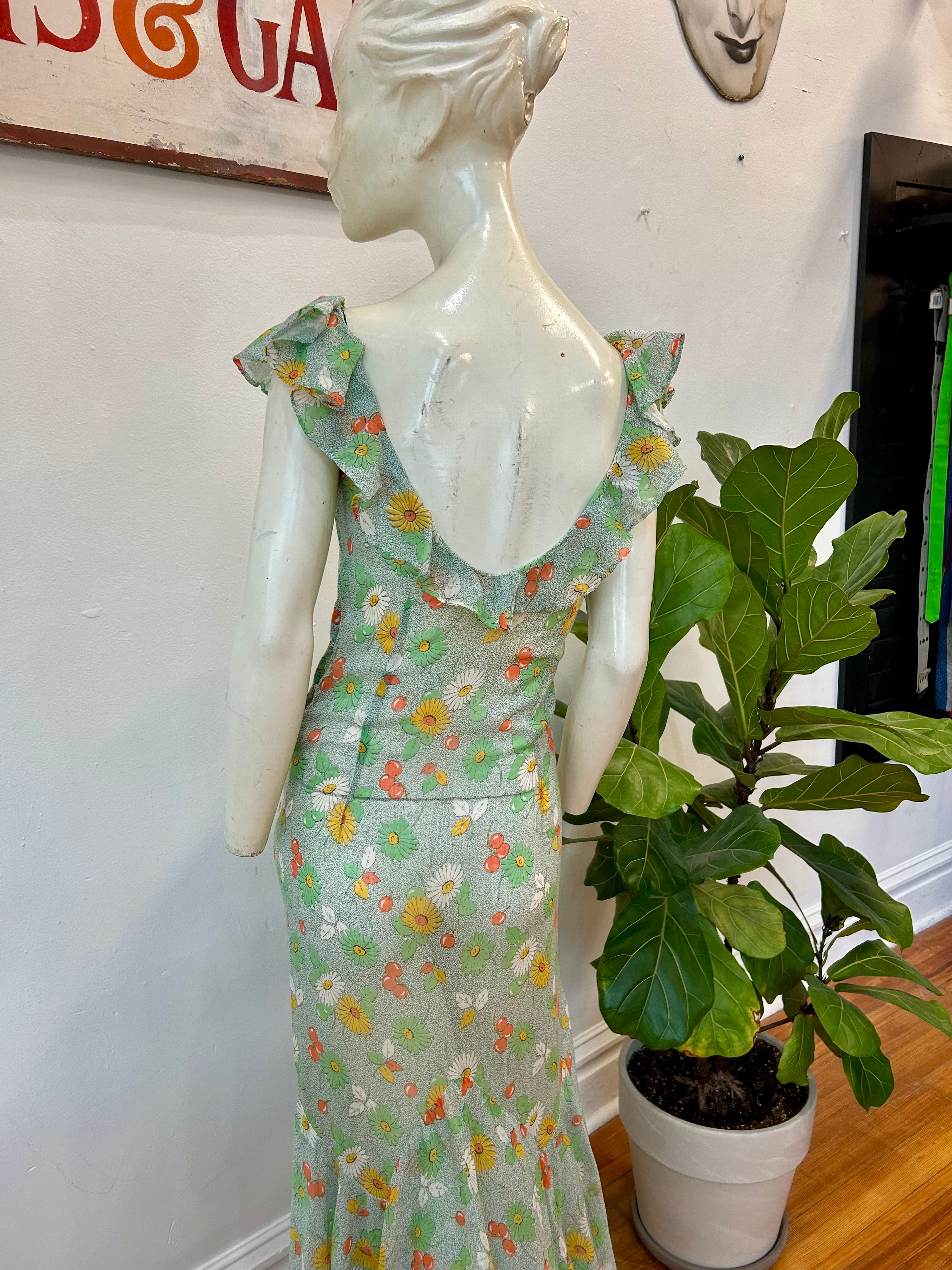 1930’s Sheer Floral Print Bias Cut Dress
