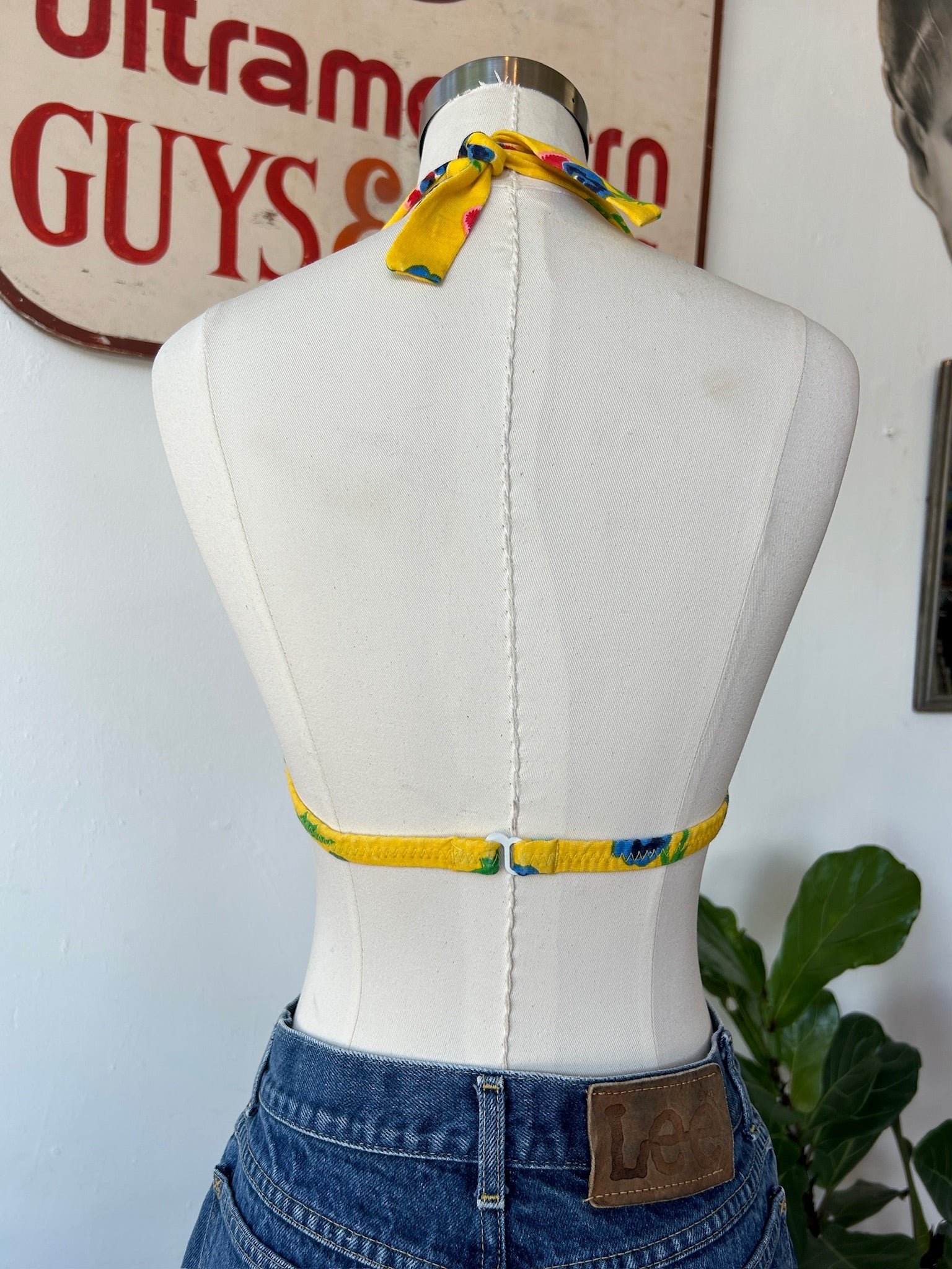 Yellow Pansy Print Halter/Bikini Top