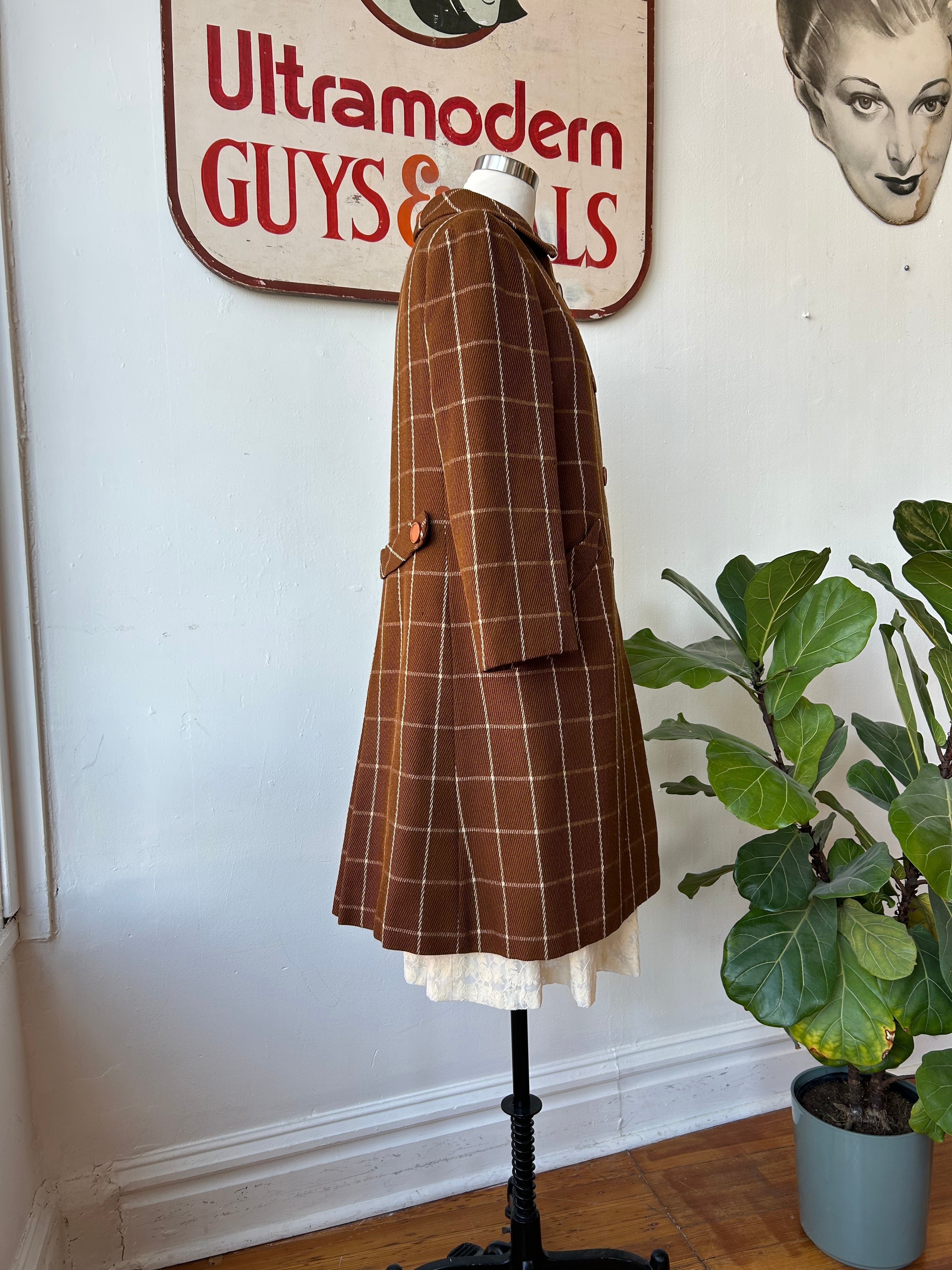 60’s Brown & White Windowpane Print Coat