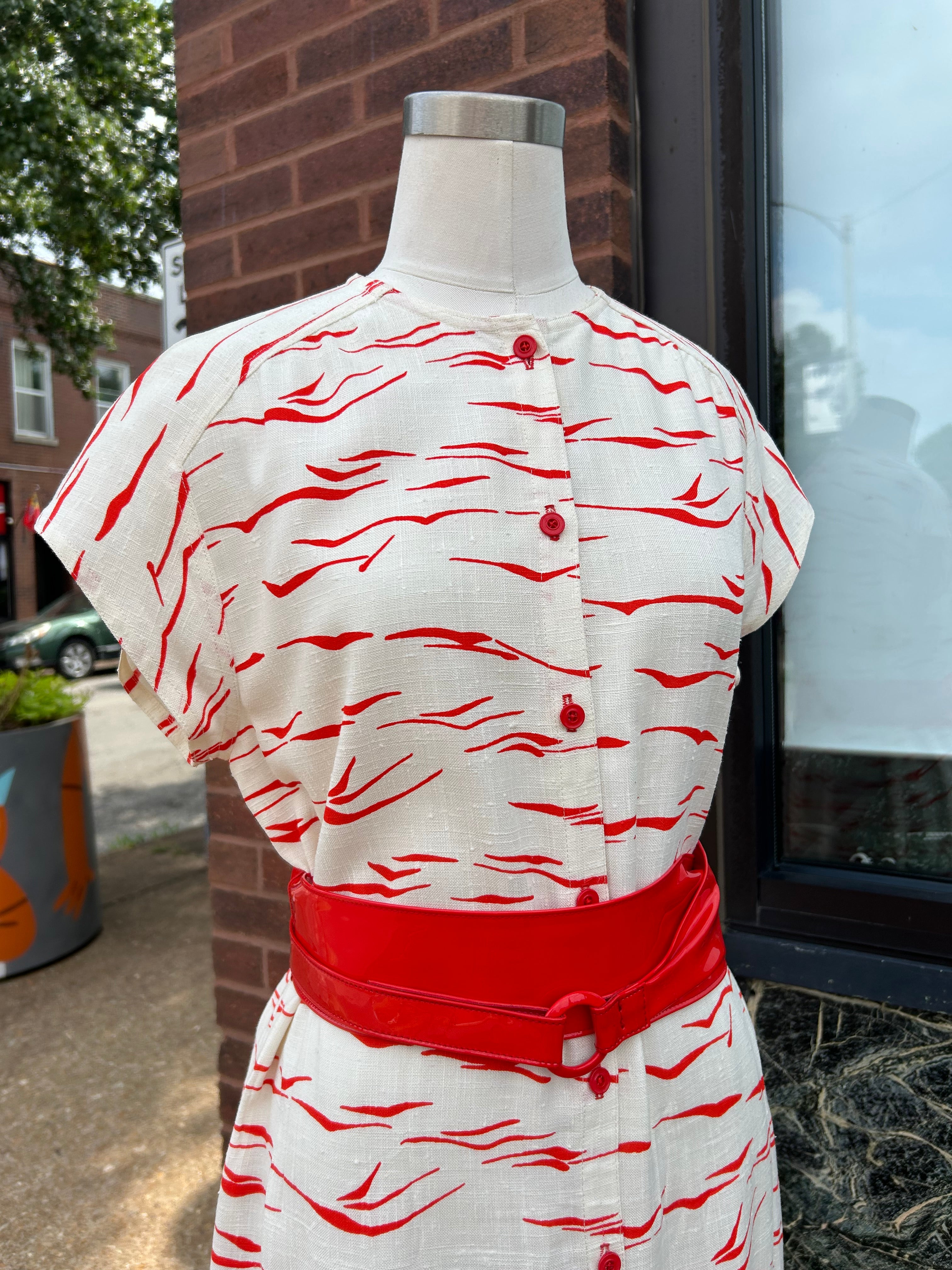 Red & White Linen Shirtdress w/Red Patent Belt