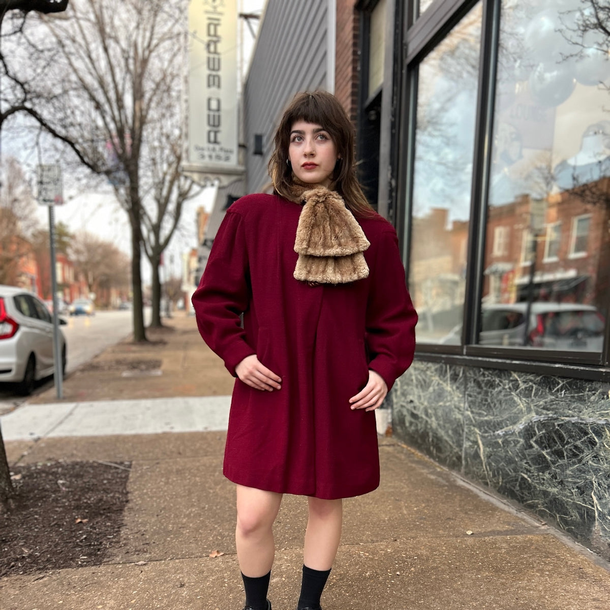 Deep Red Coat w/Fur Scarf