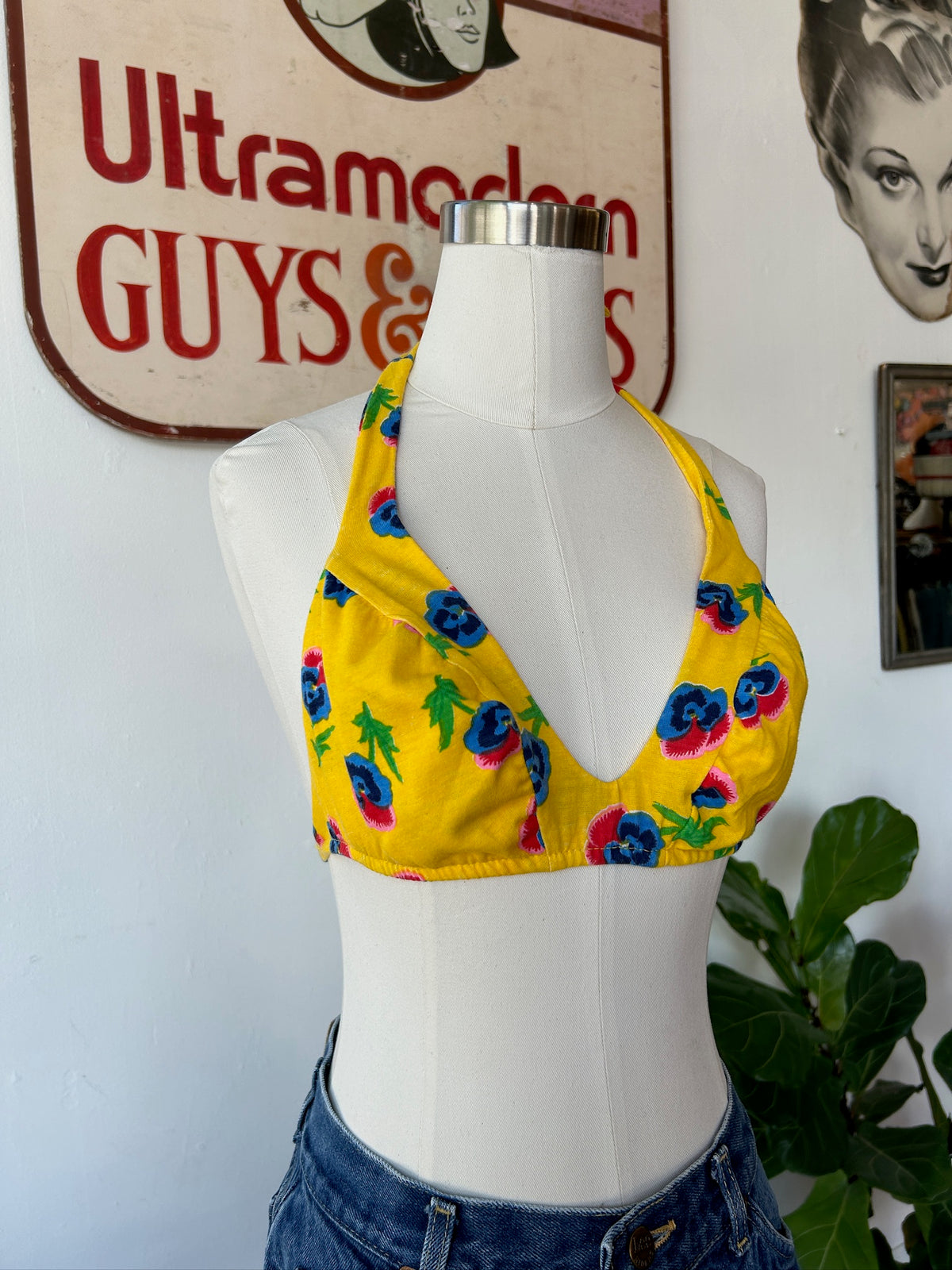 Yellow Pansy Print Halter/Bikini Top