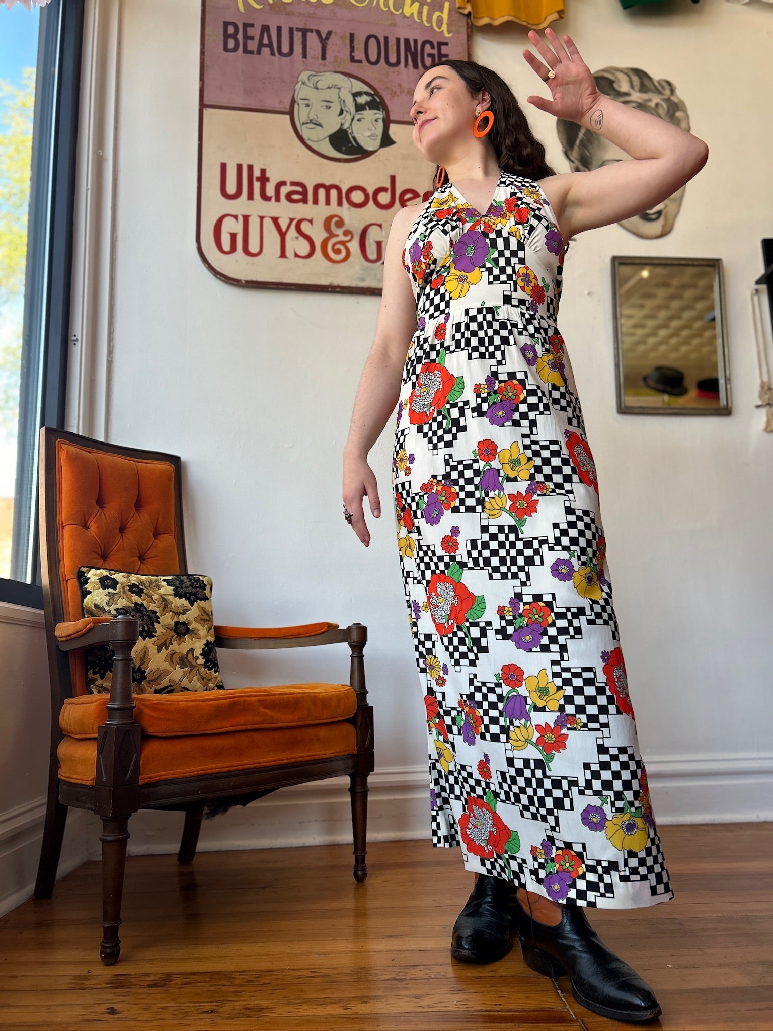 1970’s Checkerboard & Floral Print Maxi Dress