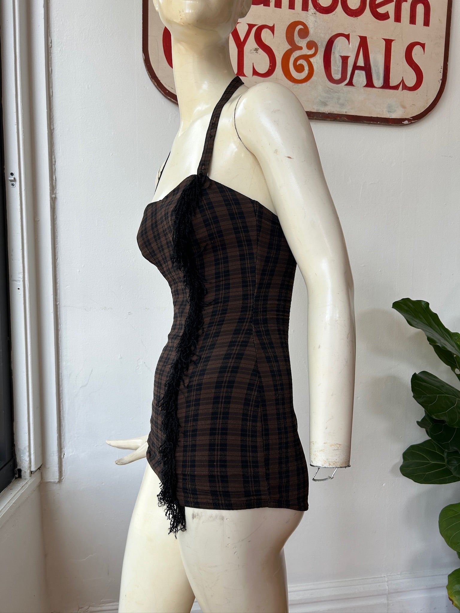 Brown & Black Plaid Fringed Swimsuit