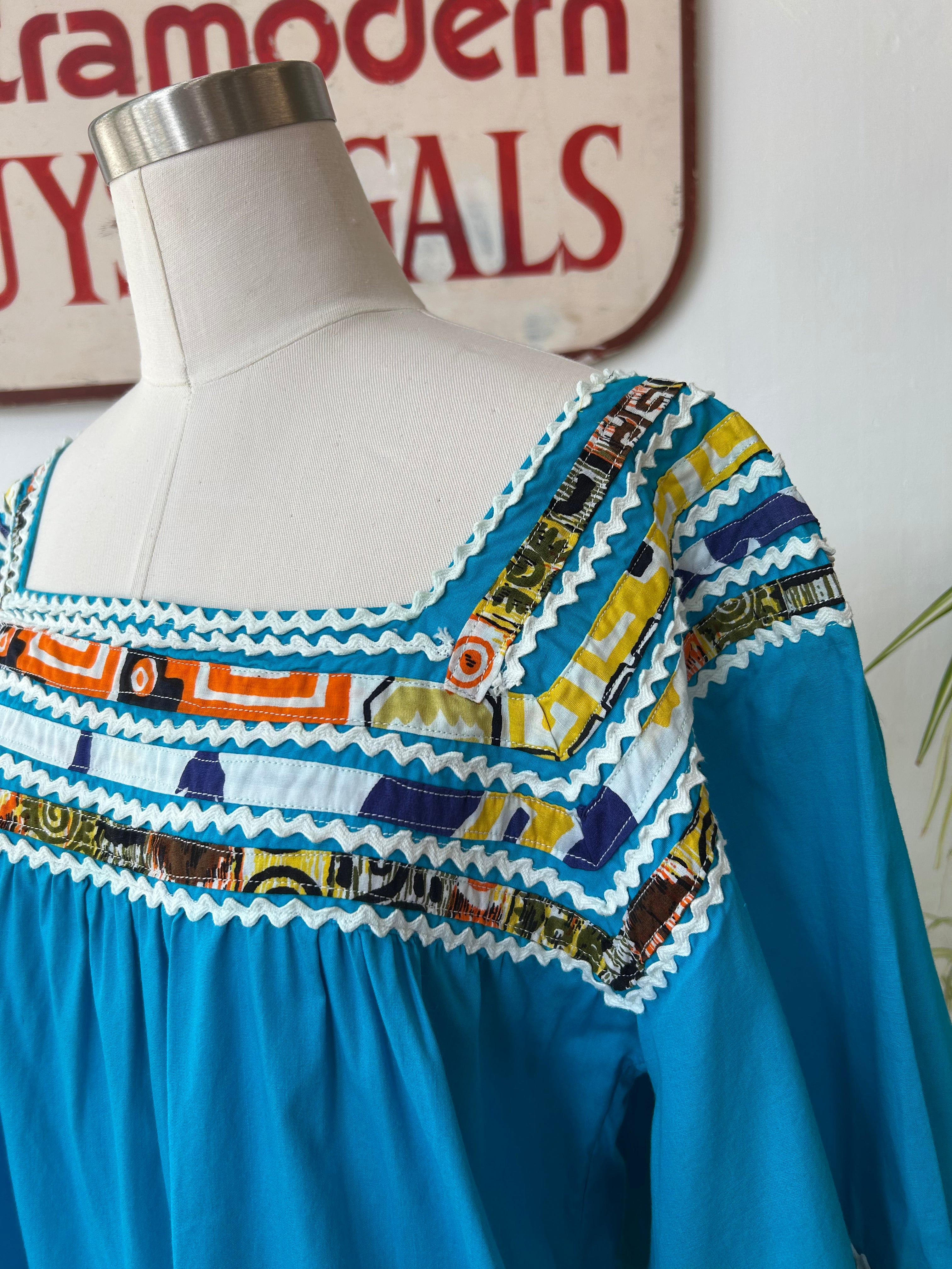 Blue Mini Dress w/Colorful Trim