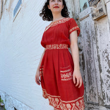 Load image into Gallery viewer, Red Embroidered Peasant Dress
