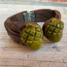 Load image into Gallery viewer, Vintage Carved Wooden Hinged Bracelet Green Bakelite Acorns
