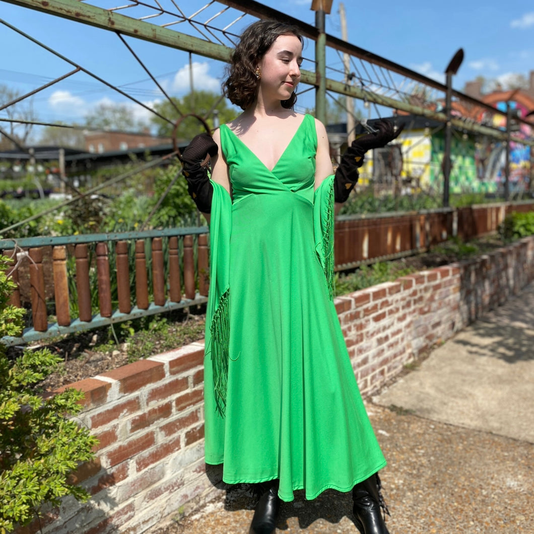 Glorious Green Maxi w/Fringed Scarf