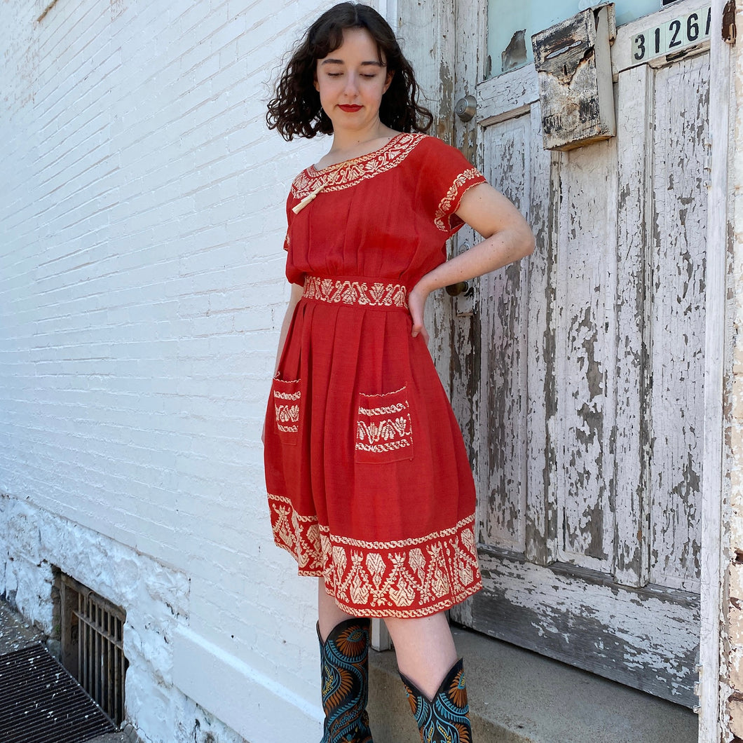 Red Embroidered Peasant Dress