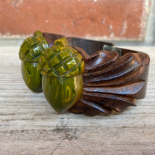 Load image into Gallery viewer, Vintage Carved Wooden Hinged Bracelet Green Bakelite Acorns
