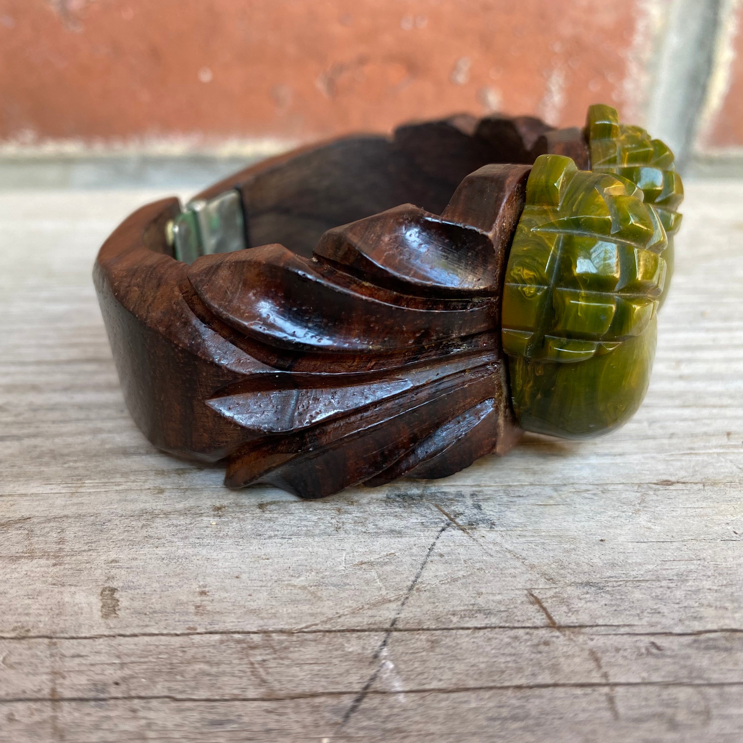 Vintage Carved Wooden Hinged Bracelet Green Bakelite Acorns