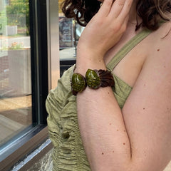 Vintage Carved Wooden Hinged Bracelet Green Bakelite Acorns